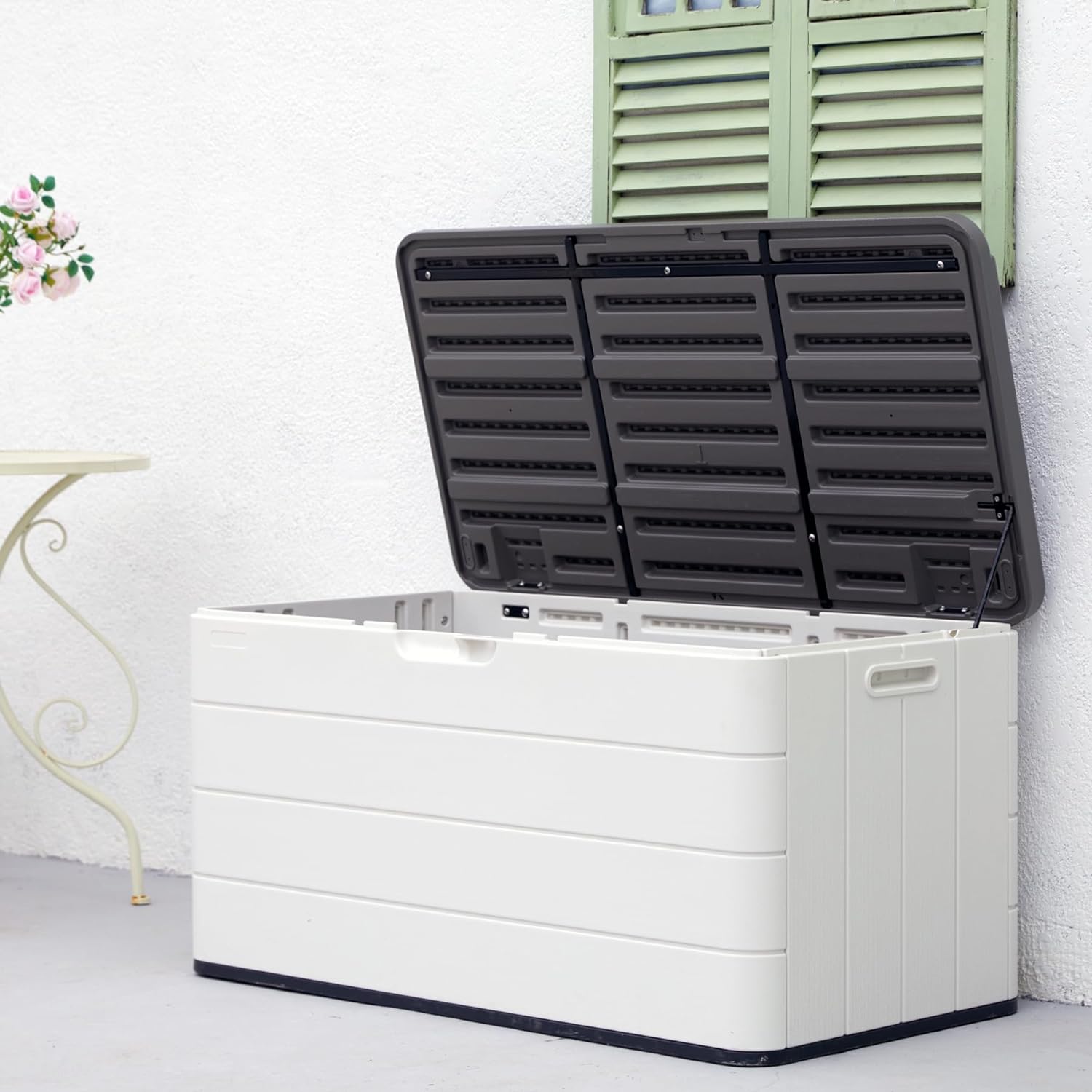 Alt View 1. Mondawe - 110 Gallons HDPE Hydraulic Lift Lockable Waterproof Outdoor Storage Box - White.
