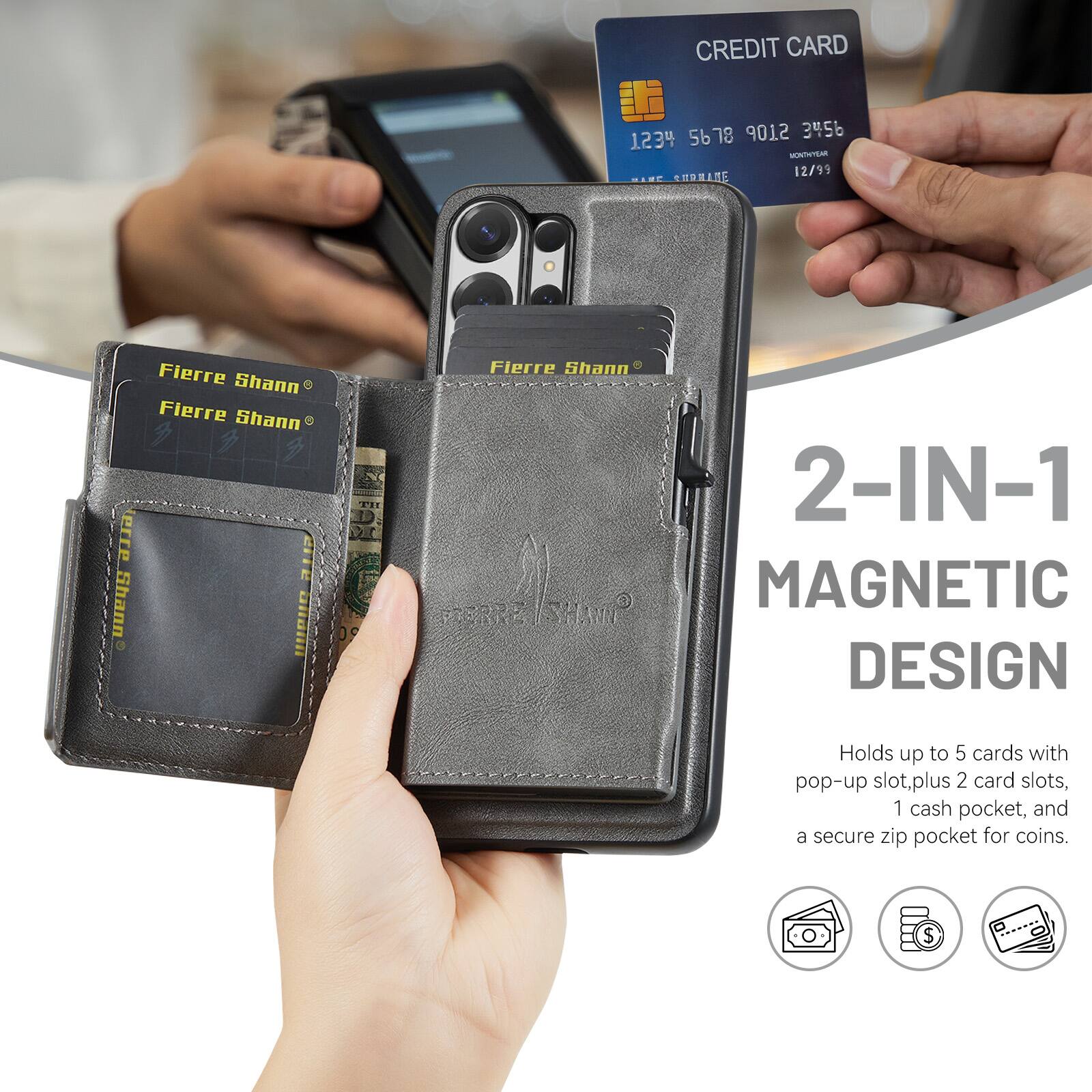 CREDIT CARD 5678 9012 3456 1234 TTSM SUSRAME 12/99 Flerre Shann Flerre Shann 4 9119 2t Shann altoii PET Fierre Shann 2-IN-1 MAGNETIC DESIGN Holds up to 5 cards with pop-up slot, plus 2 card slots, 1 cash pocket, and a secure zip pocket for coins.