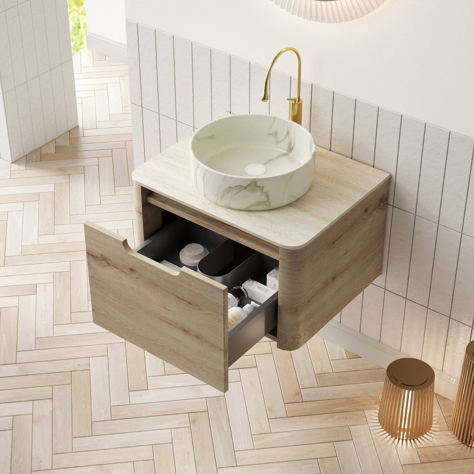 Alt View 2. Boyel Living - 24 Bathroom Vanity with Ceramic Basin Stone Pattern Travertine Pattern Sintered Stone Top White Oak - White,White Oak.
