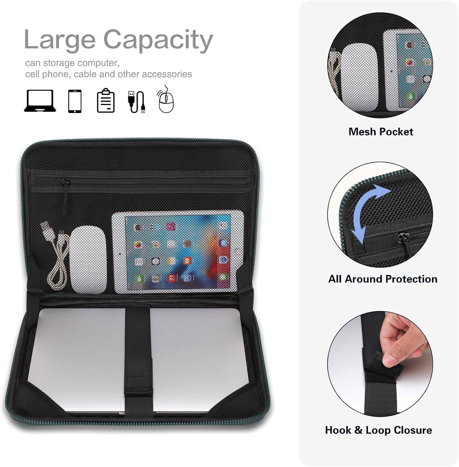 Large Capacity  
can storage computer, cell phone, cable and other accessories  

Mesh Pocket  

All Around Protection  

Hook & Loop Closure