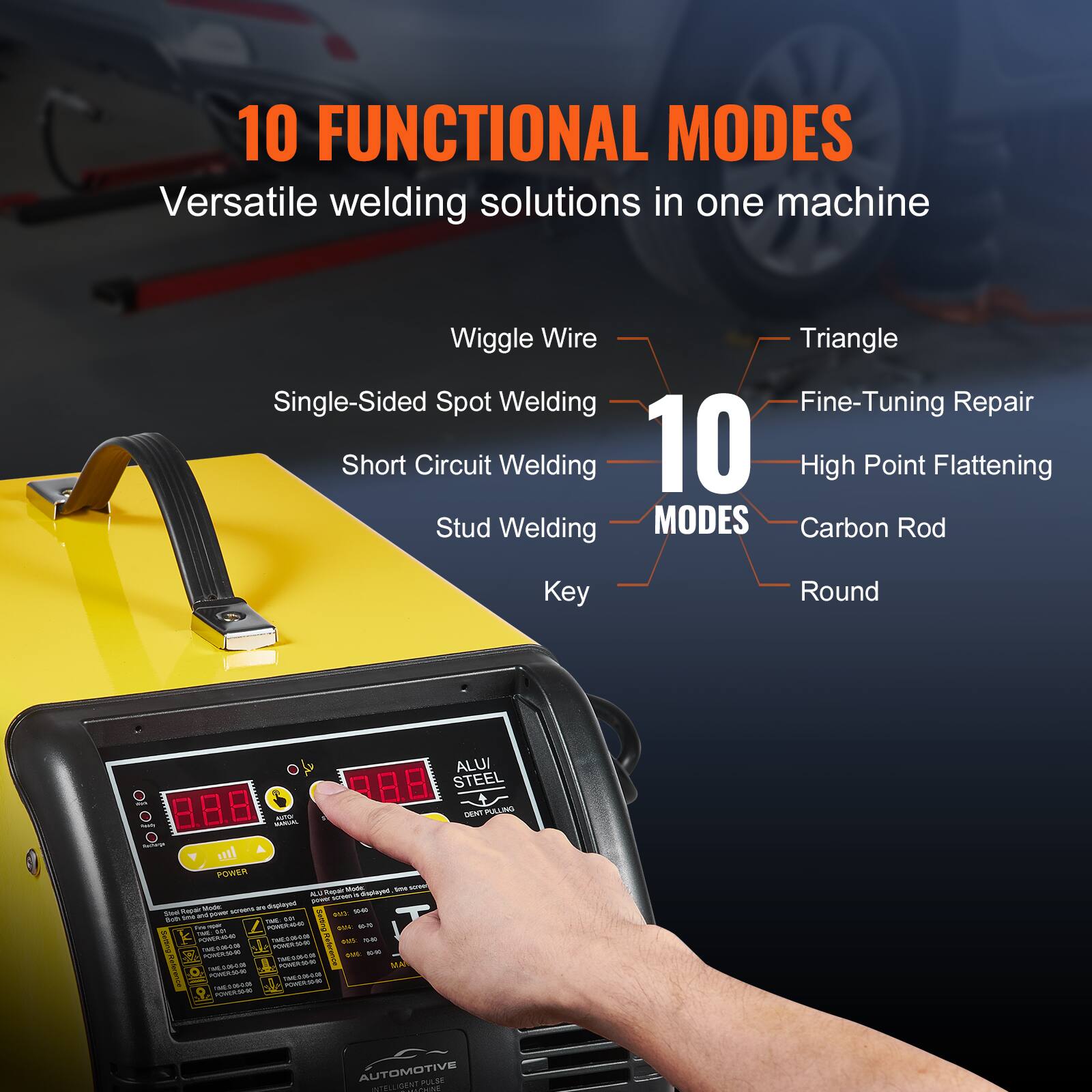 10 FUNCTIONAL MODES  
Versatile welding solutions in one machine

- Wiggle Wire
- Single-Sided Spot Welding
- Short Circuit Welding
- Stud Welding
- Key
- Triangle
- Fine-Tuning Repair
- High Point Flattening
- Carbon Rod
- Round

ALU/STEEL DENT PULLING

POWER Repair Mode  
Me serve ALU joury ocrose displayed  
Repar Mode SOMPS are displayed  
92 Studi and power 852  
NO time TML diet kie  
FOR POWER 40-4  
rus. an Beming k  
POWERA040  
TIME-06-000  
DOWN DVS  
POWER,50-80  
BAN 85-81  
THEAMON  
POWERSON  
VA and 1.:-0  
oferenza  
1946-06-0:00  
POWERO TWESHAN  
FOMEX 20-00

AUTOMOTIVE INTELLIGENT PULSE
