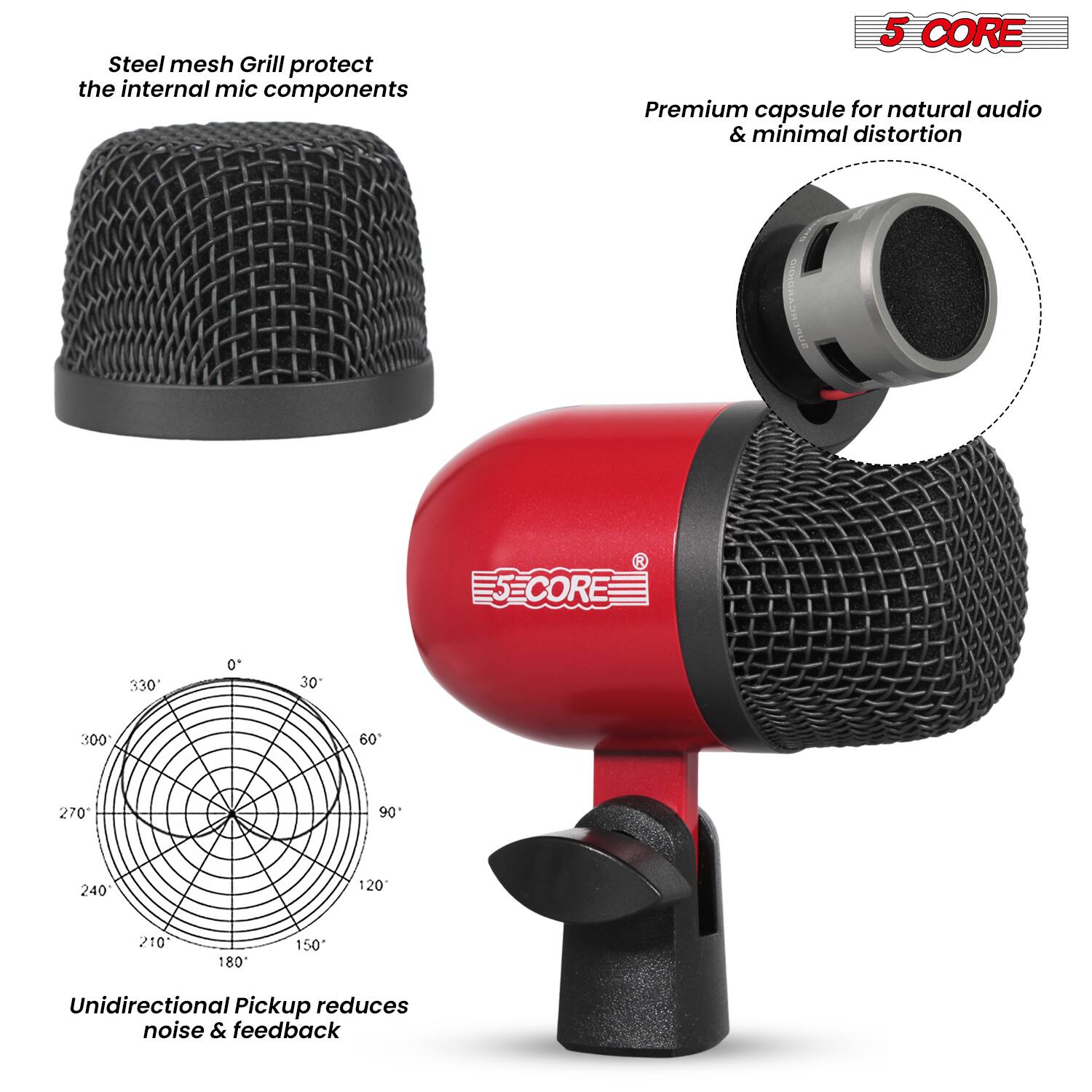 - Steel mesh Grill protect the internal mic components
- Premium capsule for natural audio & minimal distortion
- Unidirectional Pickup reduces noise & feedback