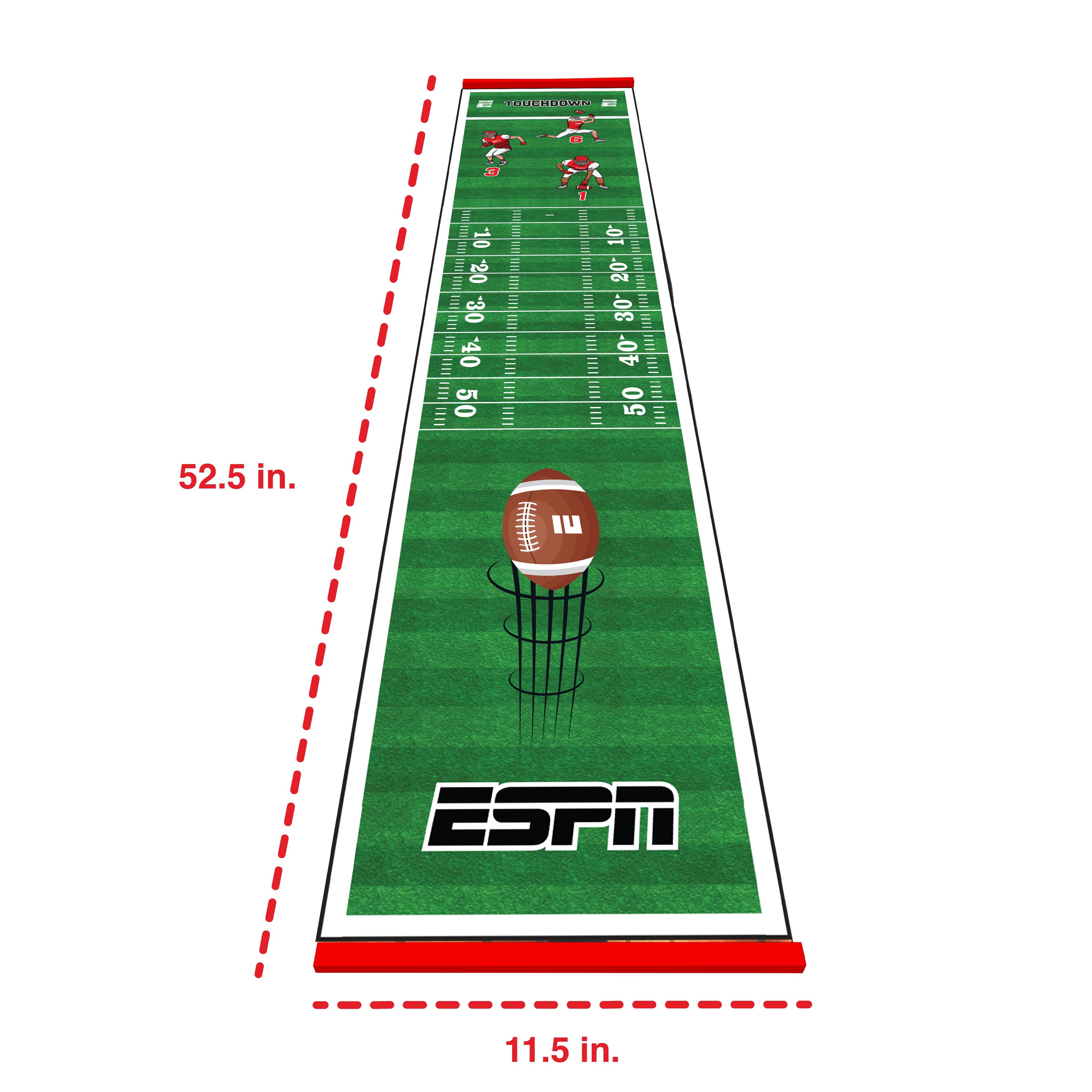 - Length: 52.5 in.
- Width: 11.5 in.
- Field markings: 10, 20, 30, 40, 50 yards
- ESPN logo at the bottom
- Football and goalposts in the center
- Top left corner: "TOYOTA" with a logo
- Top right corner: "NFL" with a logo