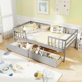 Gymax - Twin Size Kids Bed w/Storage 2 Pull-out Drawers Side Shelf for Children & Teens - Gray