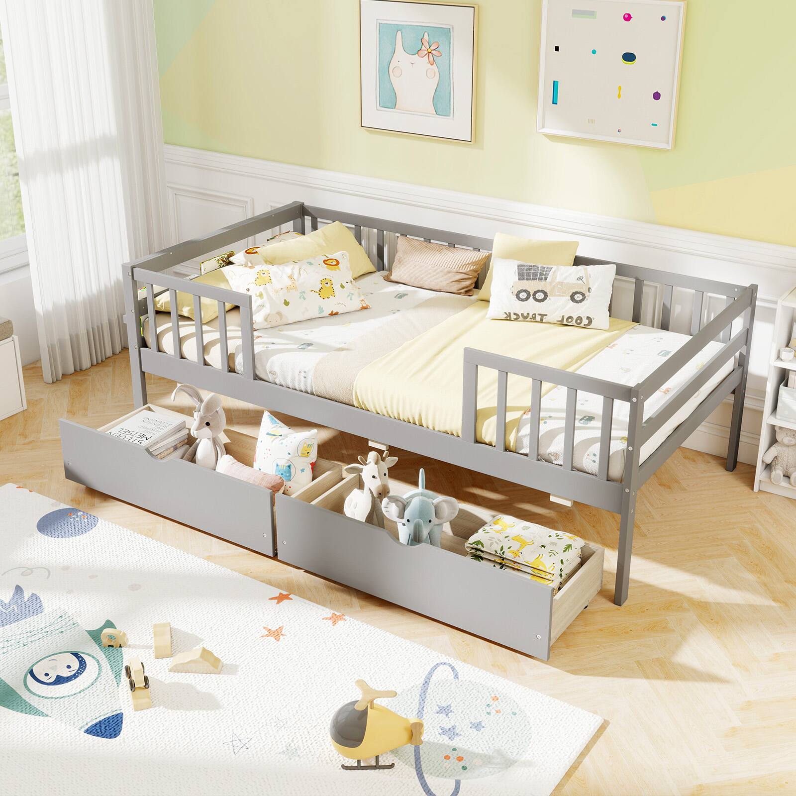 Gymax - Twin Size Kids Bed w/Storage 2 Pull-out Drawers Side Shelf for Children & Teens - Gray