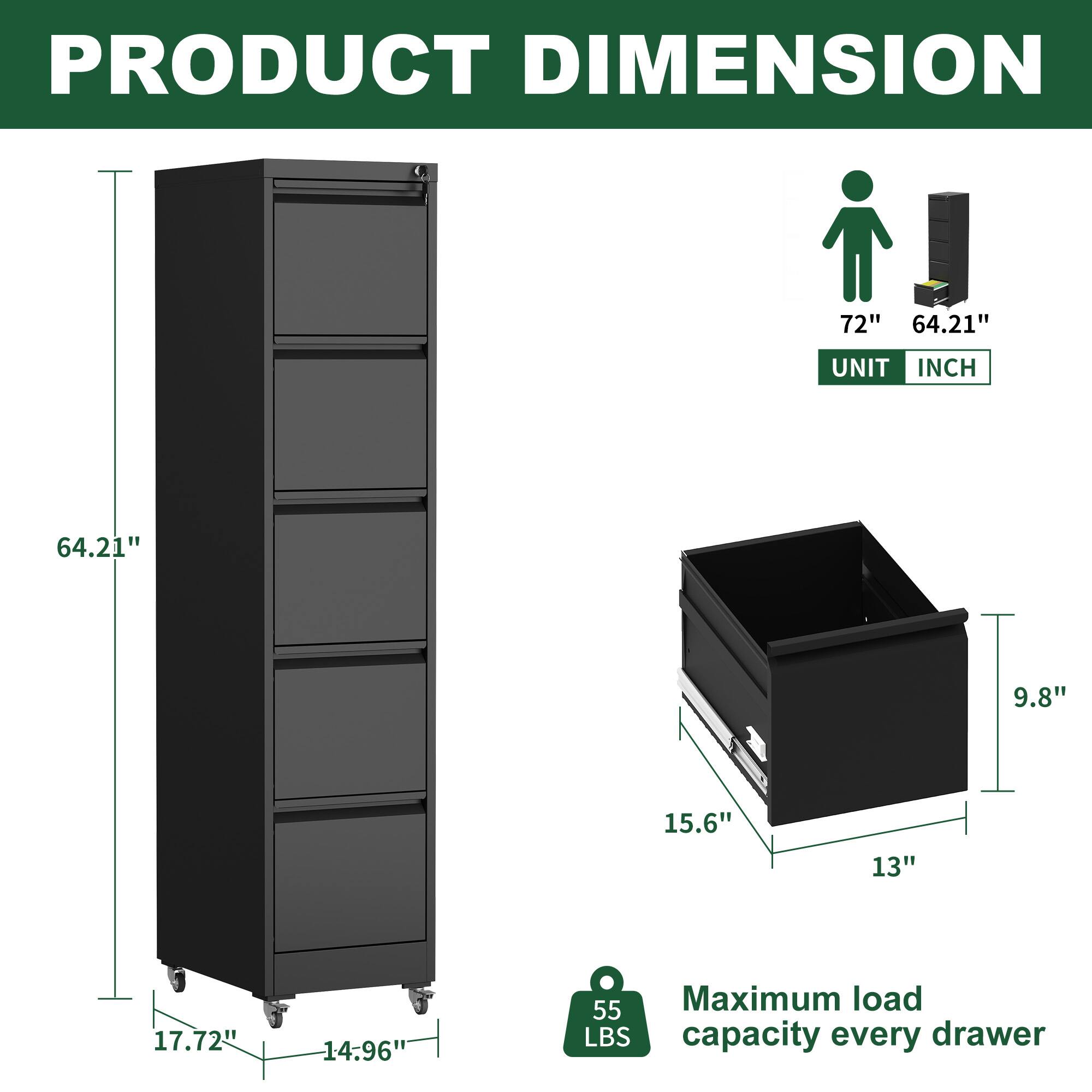PRODUCT DIMENSION

72" 64.21"  
UNIT INCH

64.21"  
17.72"  
14.96"

9.8"  
15.6"  
13"  
17.72"  
14.96"

Maximum load capacity every drawer  
55 LBS