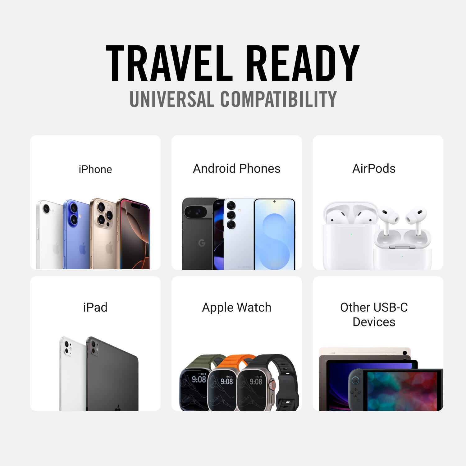 TRAVEL READY UNIVERSAL COMPATIBILITY

- iPhone
- Android Phones
- AirPods
- iPad
- Apple Watch
- Other USB-C Devices