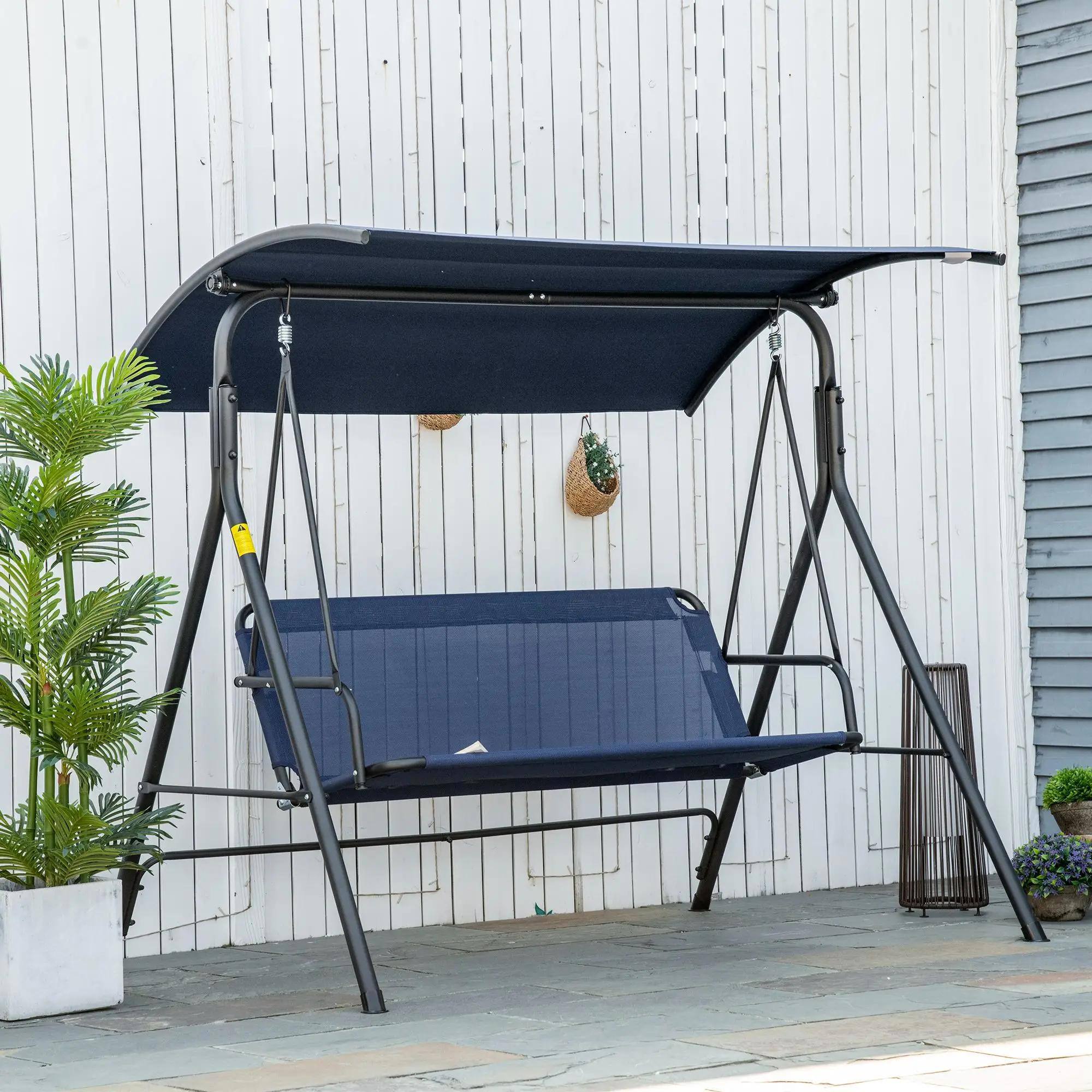 Alt View 8. Resenkos - Resenkos 3-Person Swing Set, Outdoor Patio Swing With Tilt Canopy, Steel Frame Bench Seat, Dark Blue.