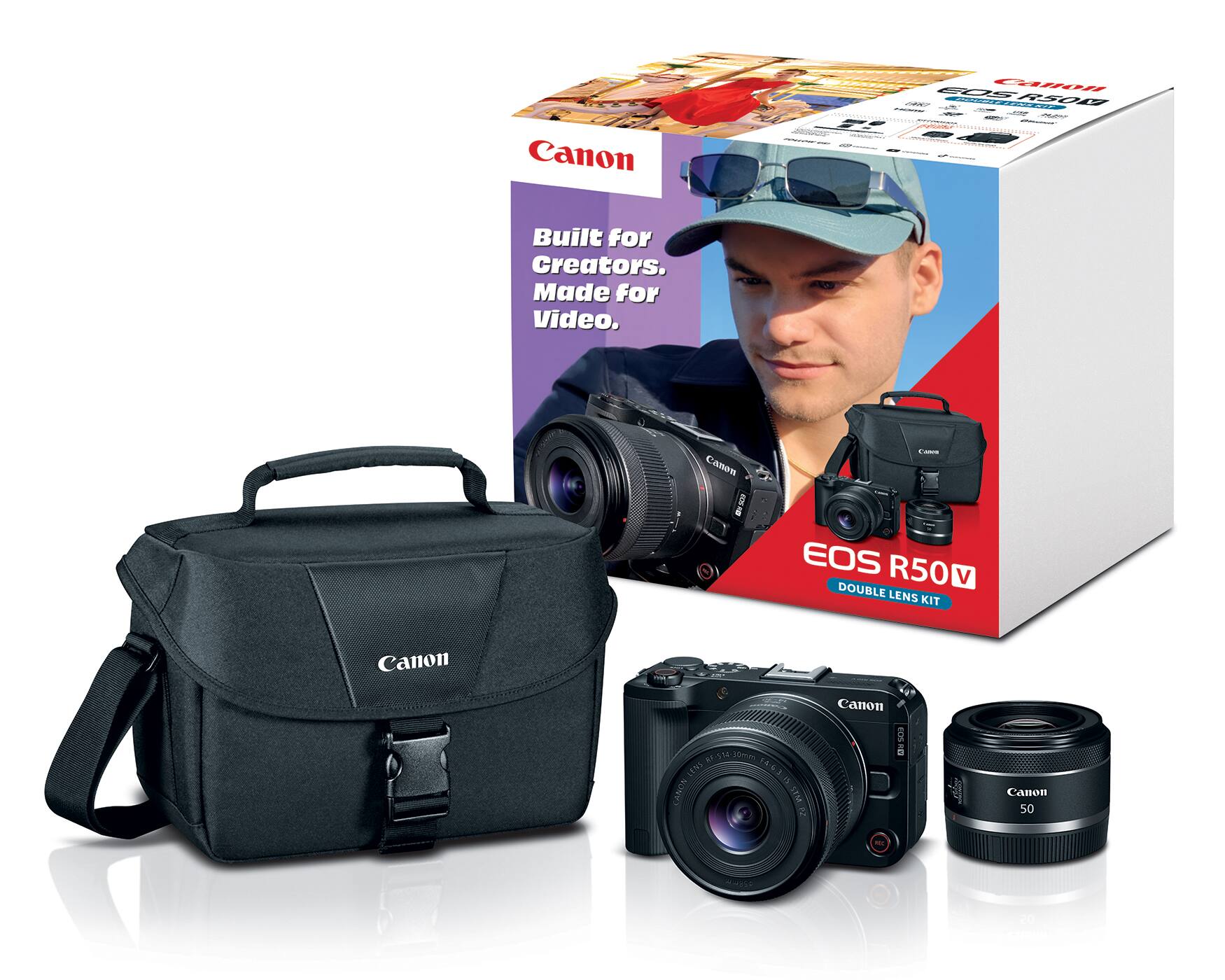 Canon SO R0 CaiIN - 2 add RSOR - -  - | | e Built for Creators. Made for Video. Canon I - EOS R50 V DOUBLE LENS KIT Canon 653- t 2 N 1463 a CANOS STMR  Canon 5 005-1D  Canon 50 F