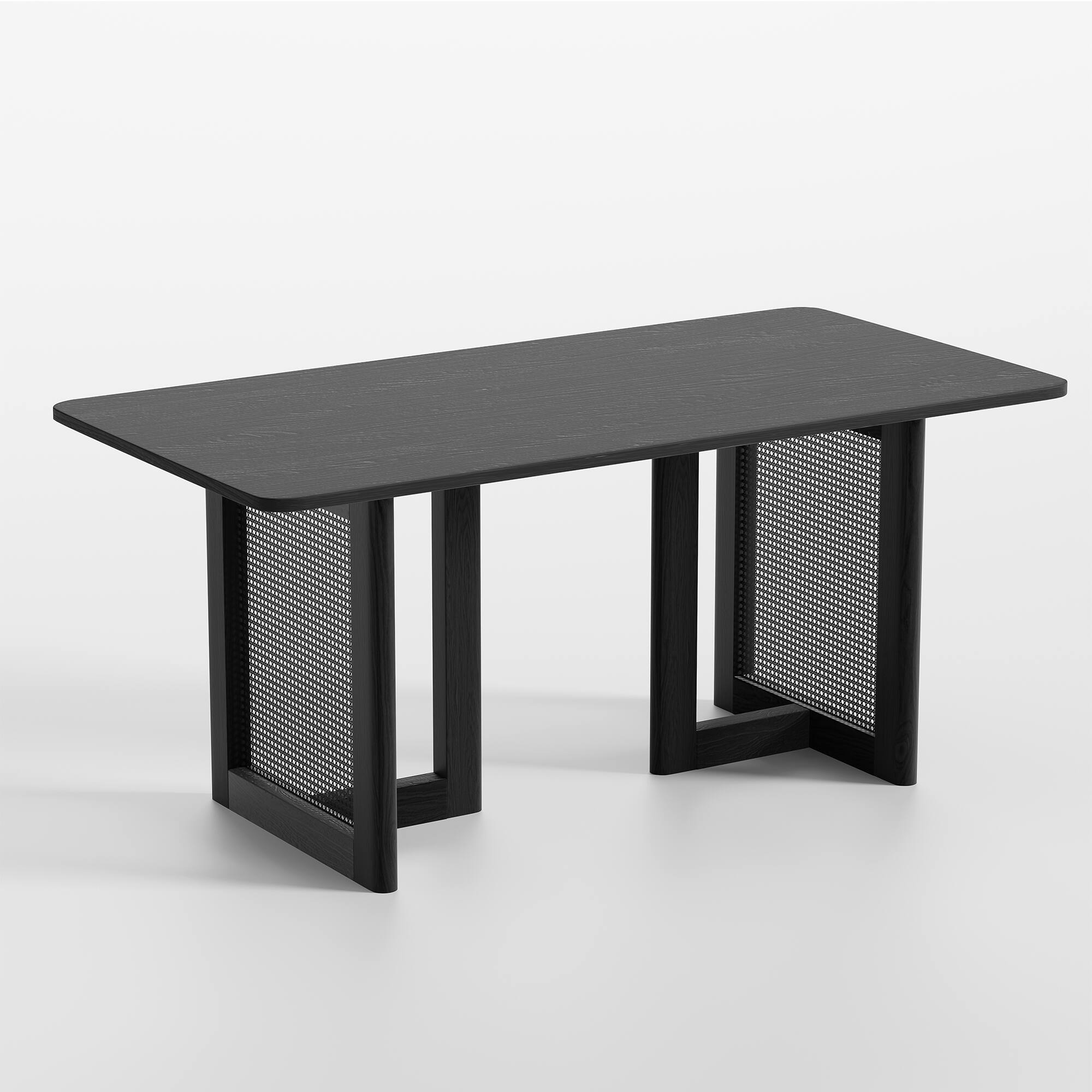 Angle. PexFix - Modern Farmhouse Oak Dining Table | Rectangle Rattan & Solid Wood, Double Pedestal Base for 6, 67-Inch - Black.