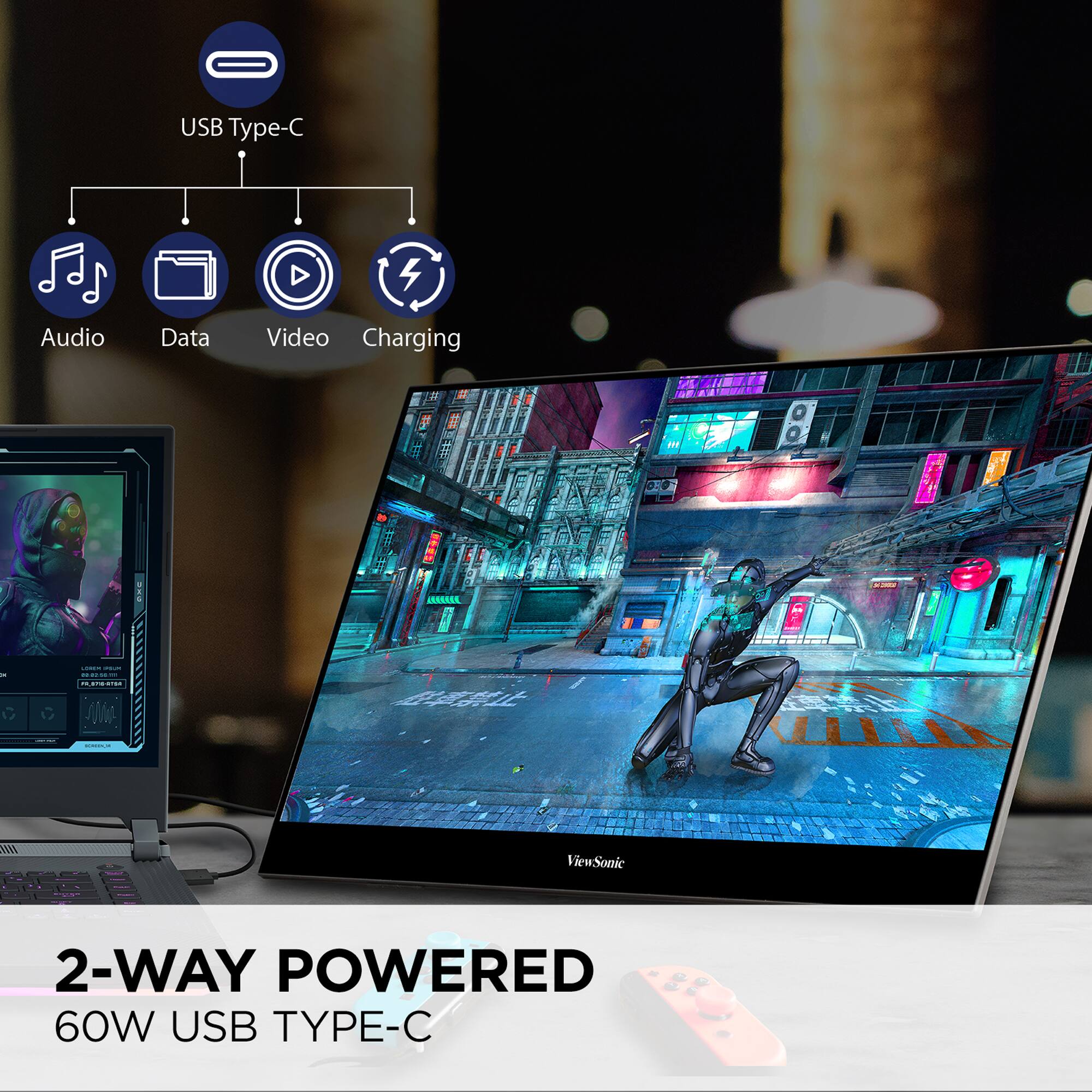 The text on the image is grouped and corrected as follows:

USB Type-C:
- 4 Audio
- Data
- Video
- Charging

ViewSonic 2-Way Powered 60W USB Type-C:
- 2-Way Powered
- 60W USB Type-C