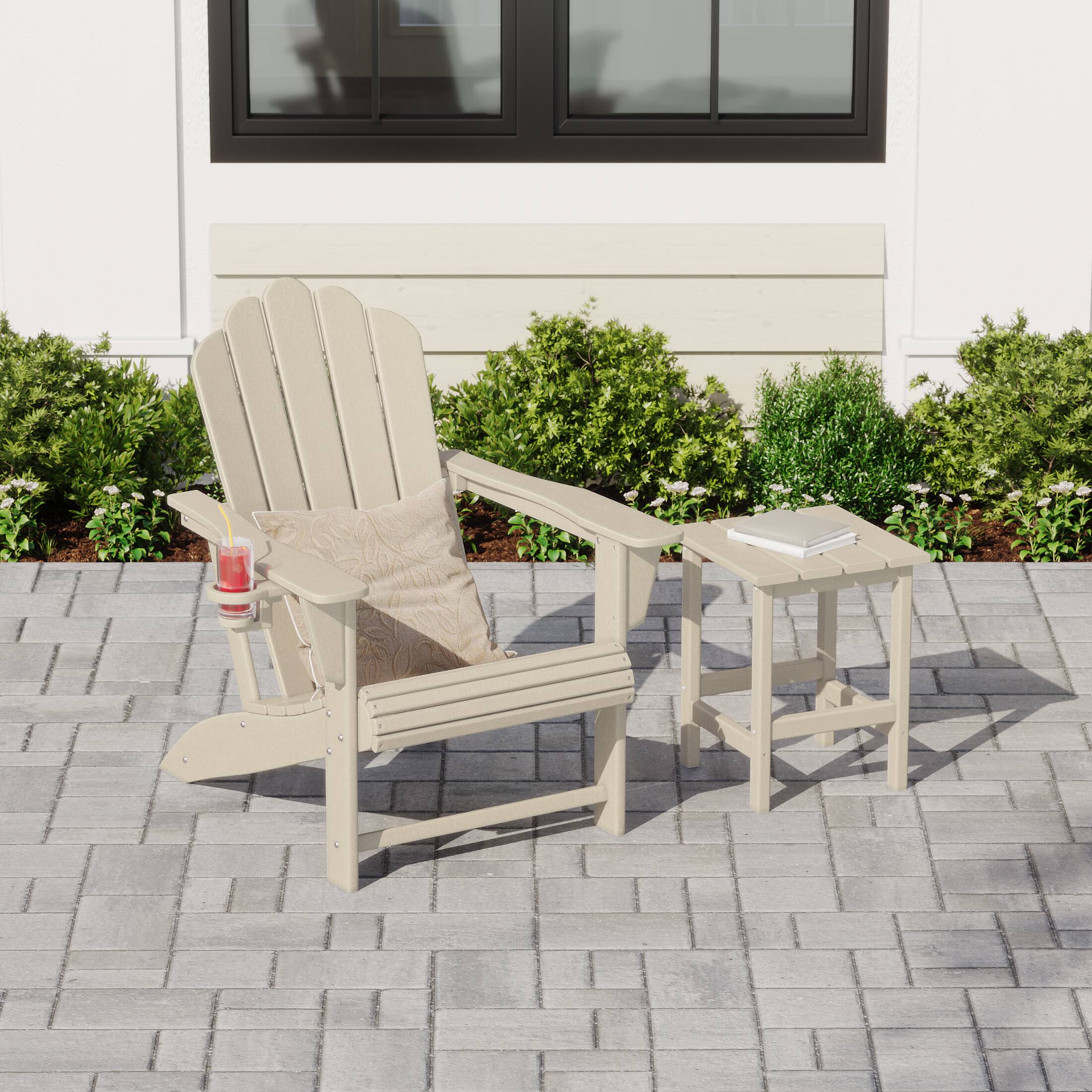Angle. WestinTrends - WestinTrends Highland Outdoor Patio HDPE Adirondack Chair With Cup Holder and Table Set - Sand.