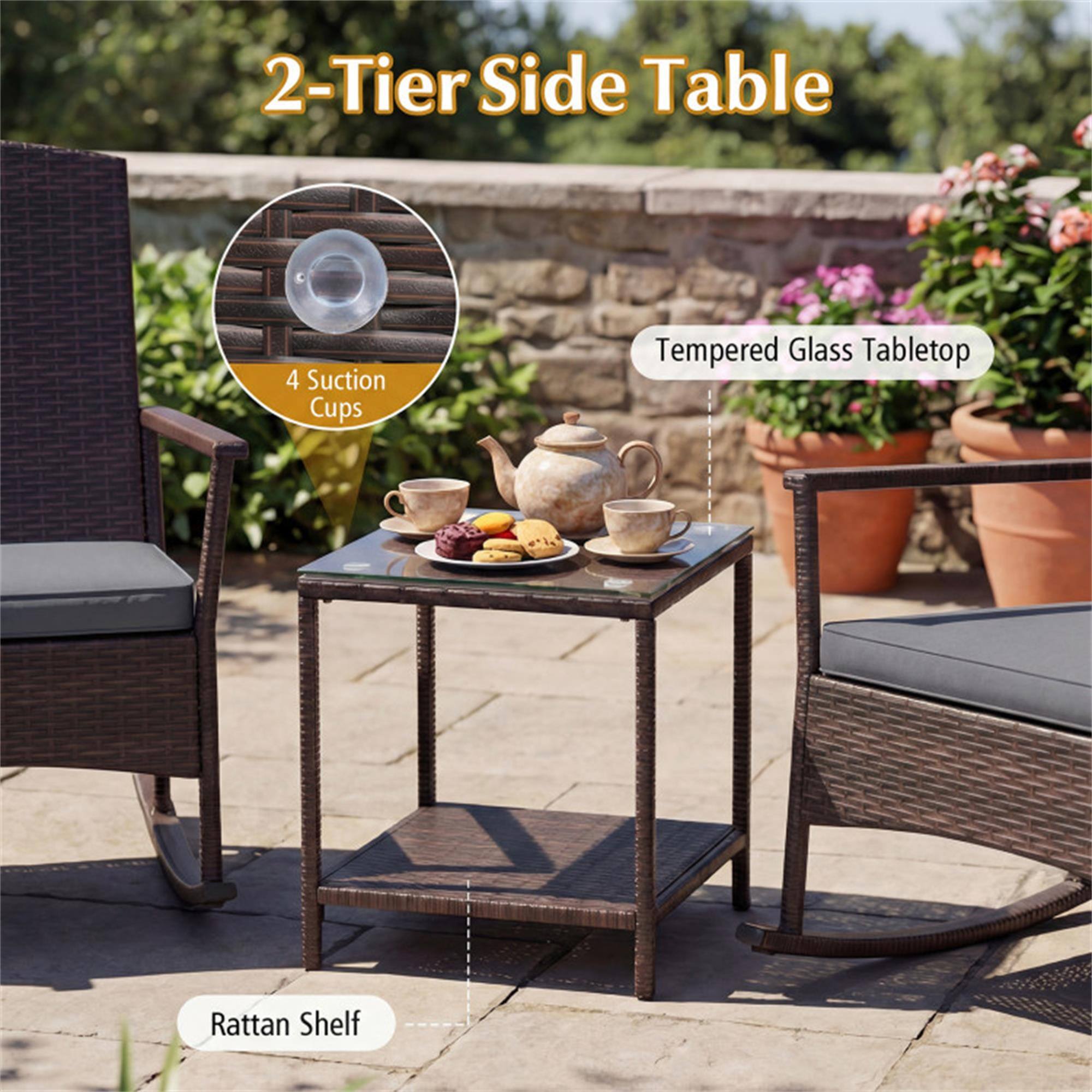 2-Tier Side Table  
4 Suction Cups  
Tempered Glass Tabletop  
Rattan Shelf