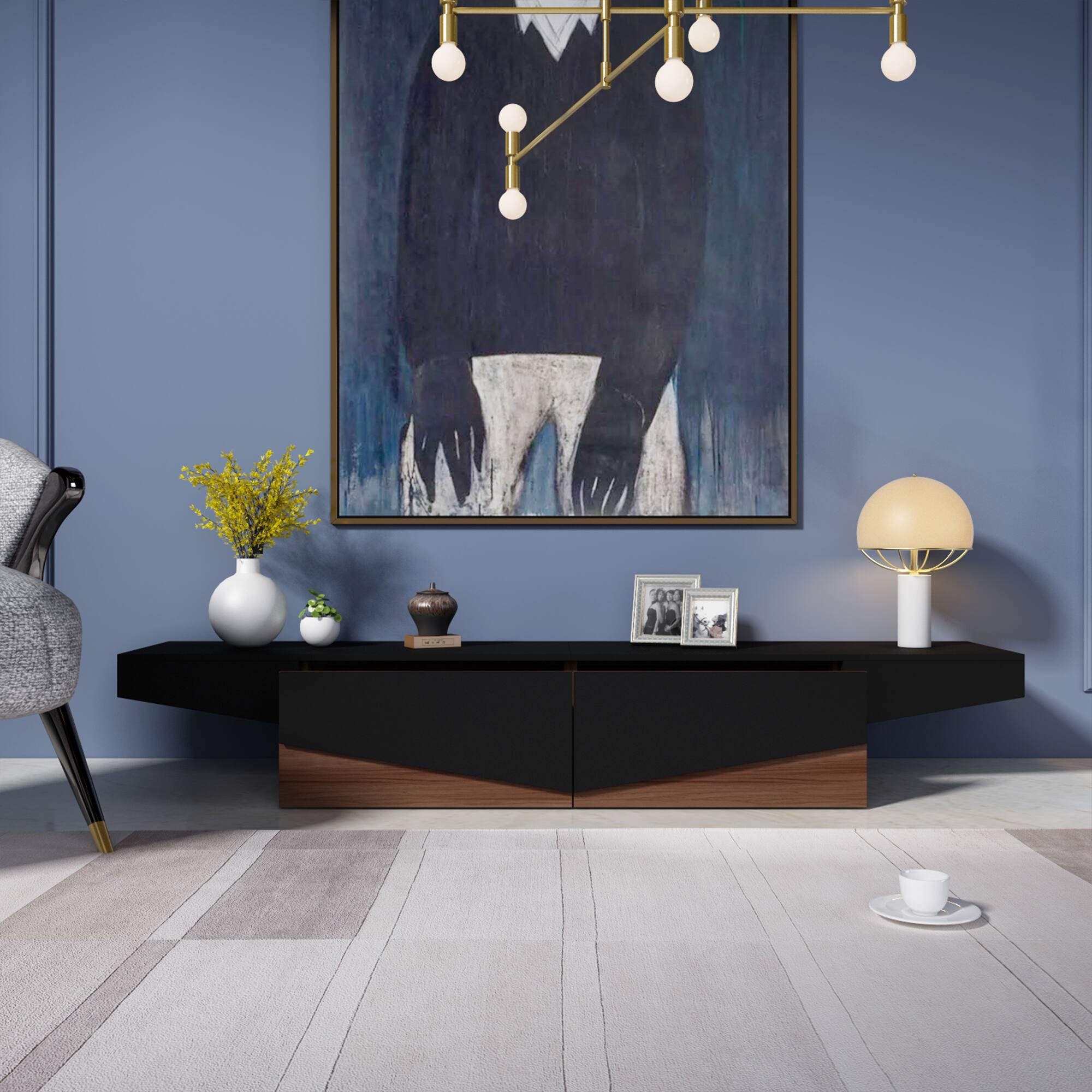 Left. Famapy - Modern Geometric TV Stand with Storage Drawers, Artistic Media Console for Living Room, Entertainment Center - Black & Brown.