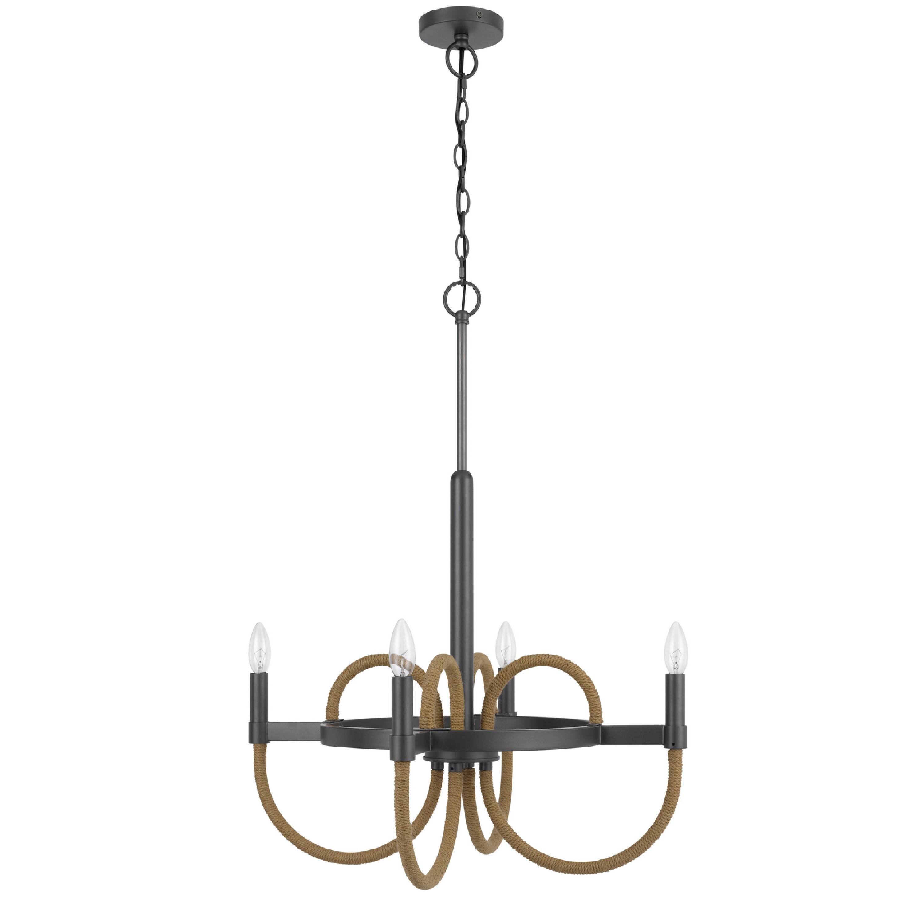 Left. Manhattan Lane - 4 Light Candelabra Chandelier, Burlap Accents, 24 Inch - Charcoal Gray, Brown.