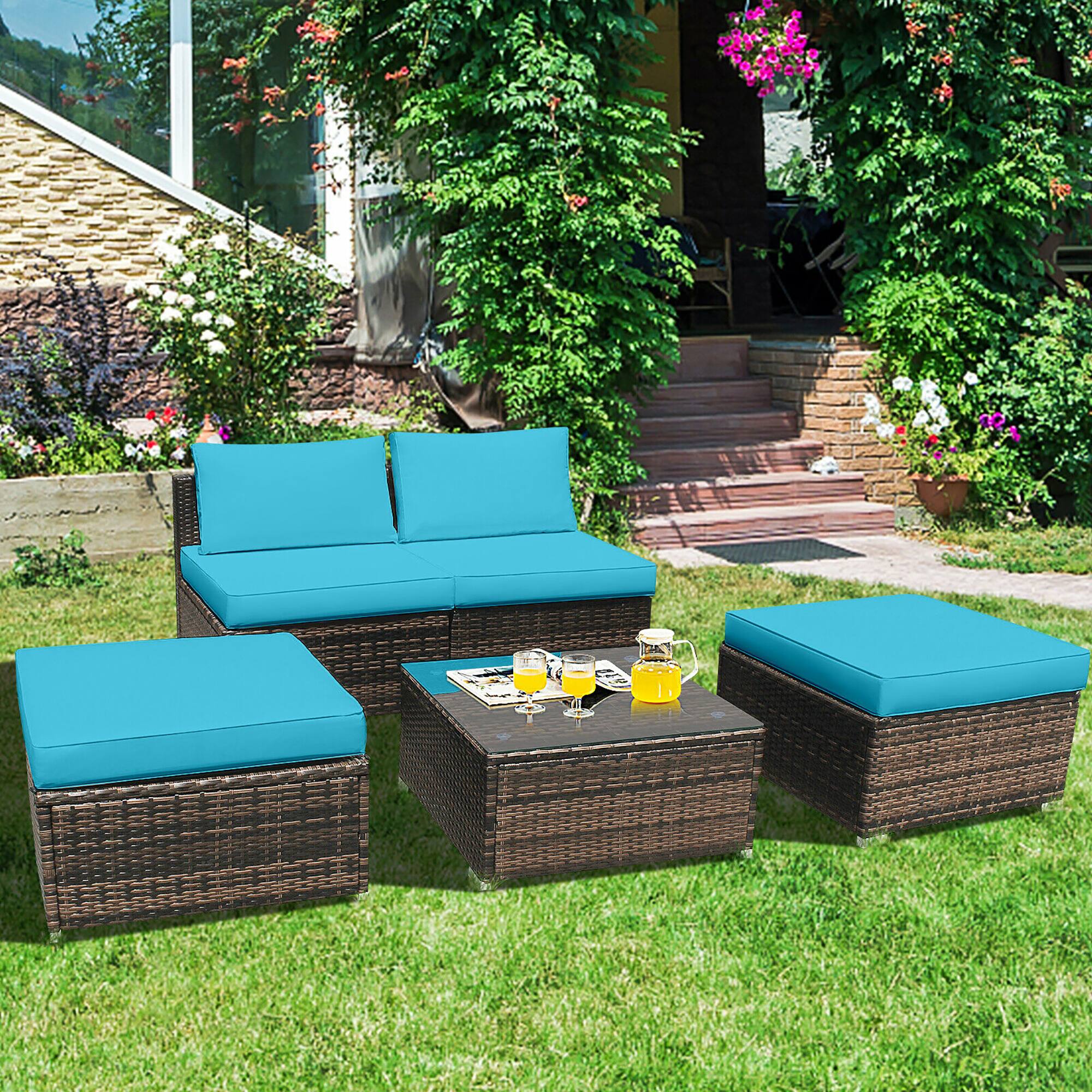 Alt View 1. Costway - 5PCS Patio Rattan Wicker Furniture Set Armless Sofa Ottoman Cushioned - Turquoise.