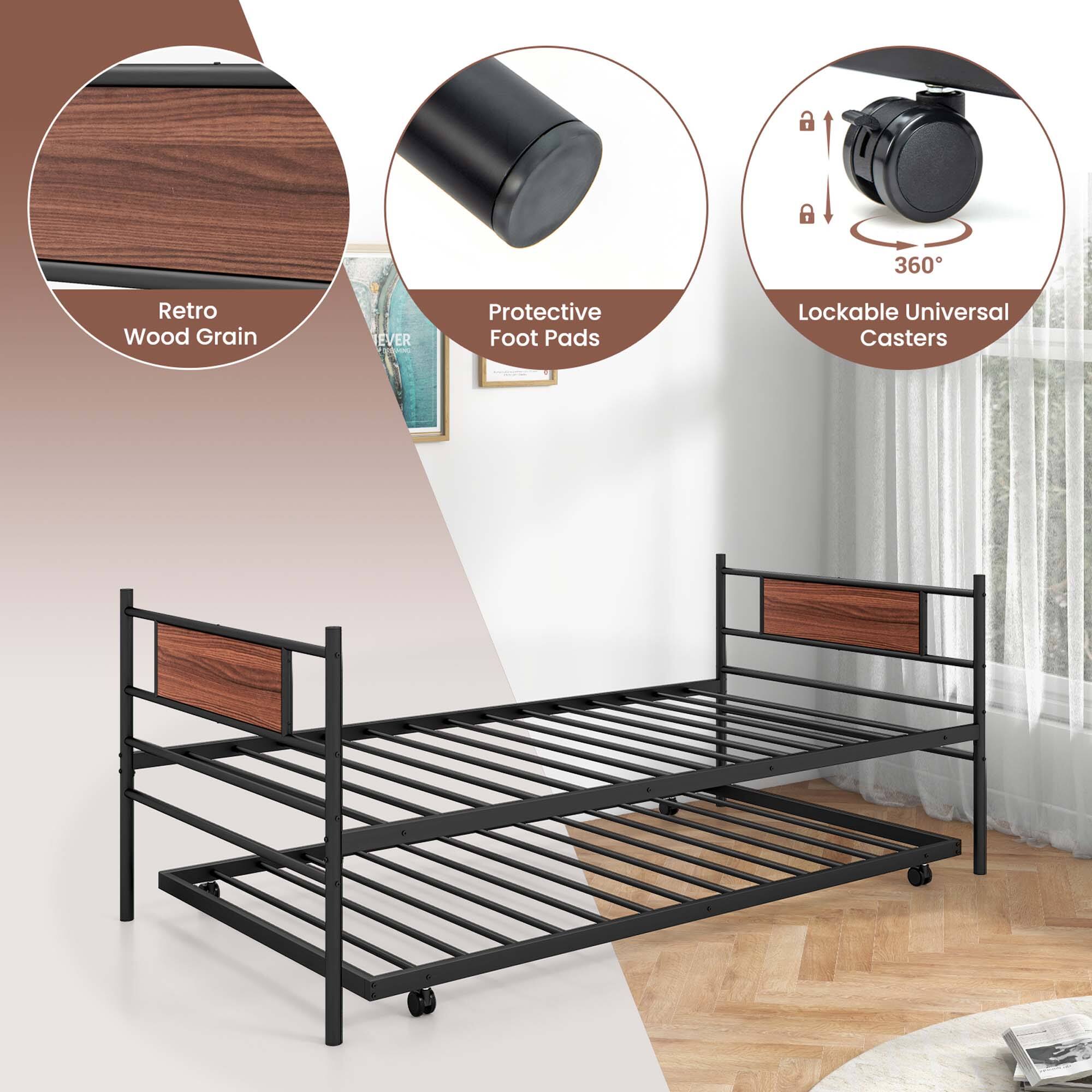 The text on the image is grouped and corrected as follows:

1. Retro Wood Grain: This refers to the wooden grain design on the bed frame.
2. Protective Foot Pads: These are the foot pads on the bed frame, which provide protection and stability.
3. Lockable Universal Casters: These are the wheels on the bed frame, which allow for easy movement and can be locked in place for stability.