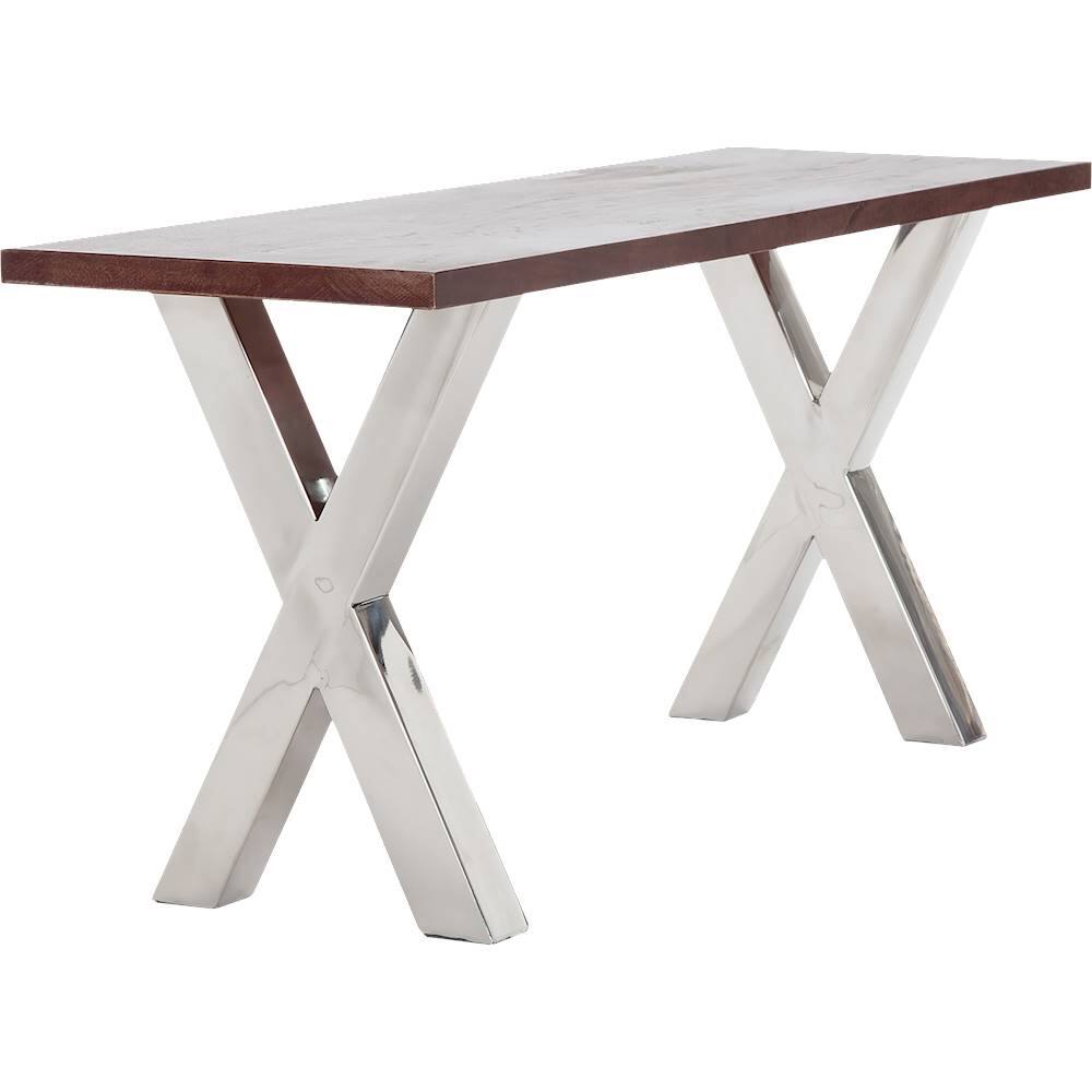 Angle. Finch - Rectangular Stainless Steel and Mango Wood Backless Bench - Dark Walnut Brown.