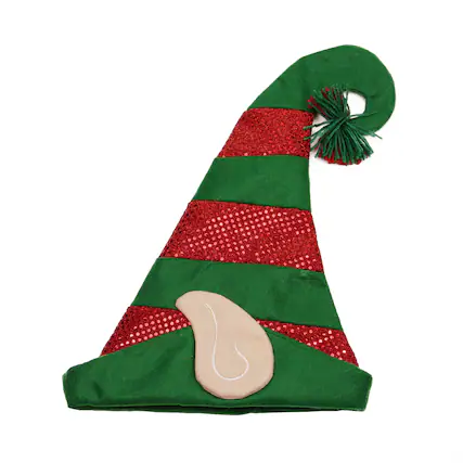Front. Northlight - 22" Green and Red Striped Sequin Unisex Adult Christmas Elf Hat - One Size - Green.