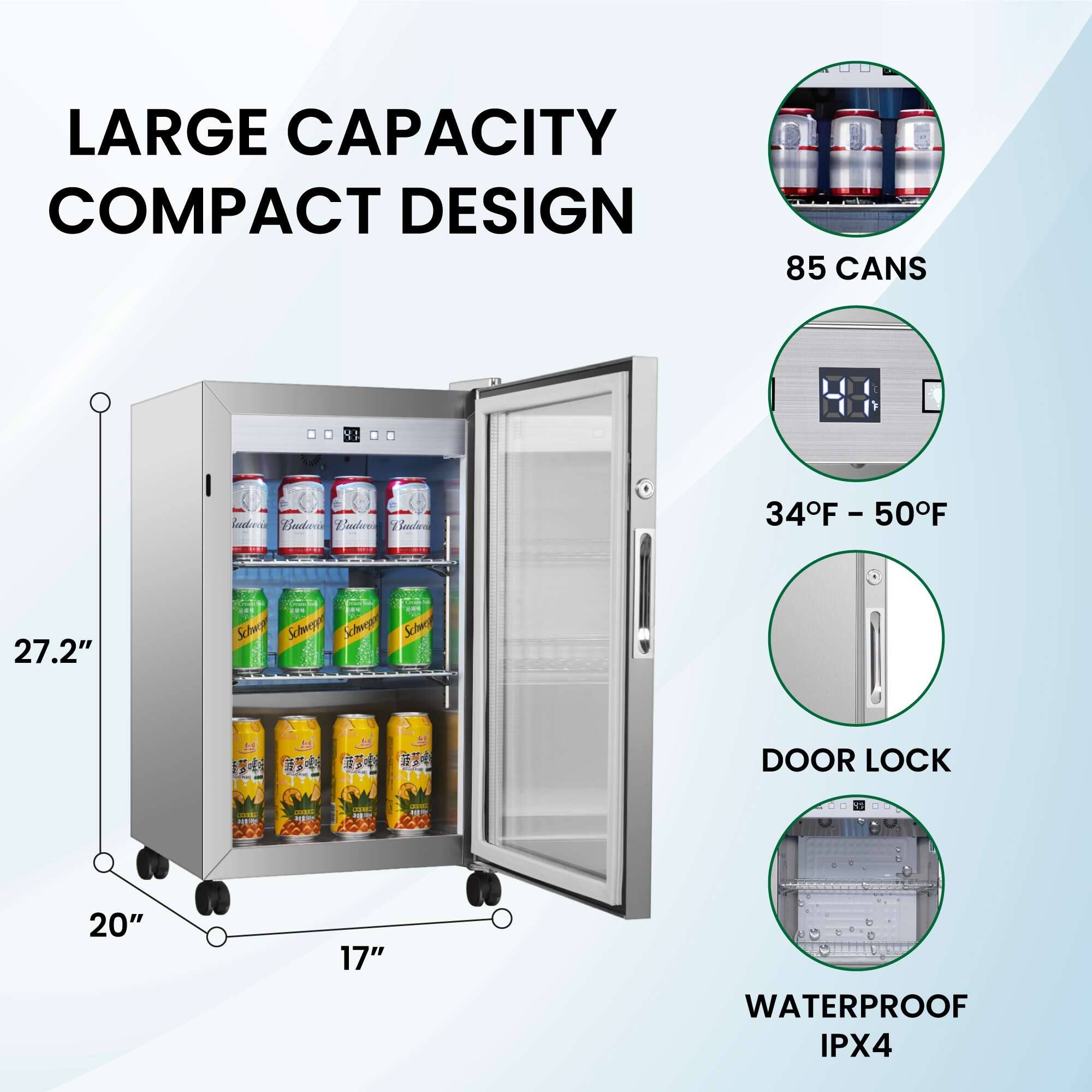 LARGE CAPACITY COMPACT DESIGN

- 85 CANS
- 34°F - 50°F
- DOOR LOCK
- WATERPROOF IPX4

Dimensions:
- Height: 27.2"
- Width: 20"
- Depth: 17"