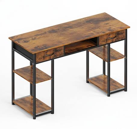 Front. AOITUN - 48 Inch brown Computer Desk, Modern Office Writing Table with 2 Drawers, Storage Shelves for Home & Gaming - Steel.