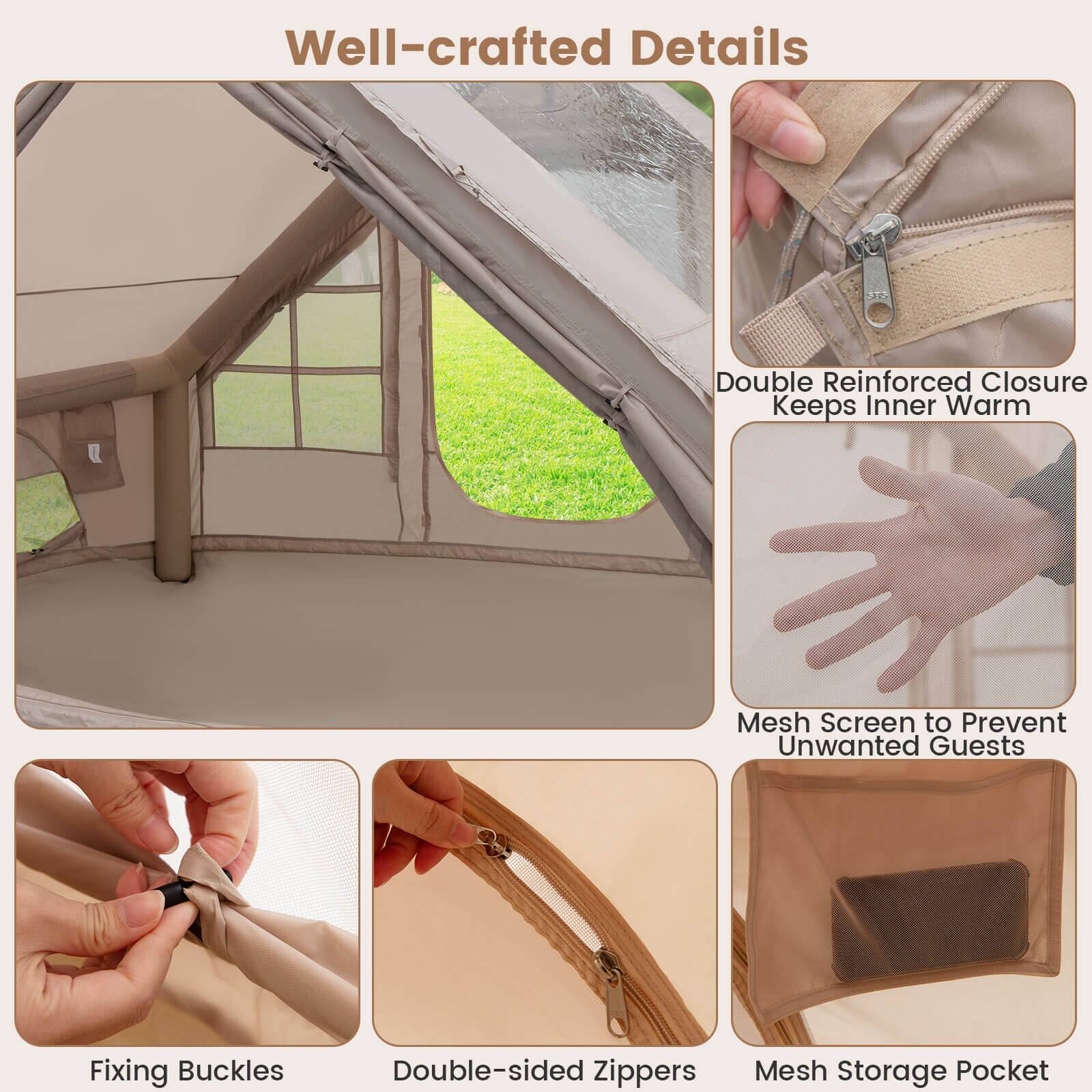 Well-crafted Details

- Double Reinforced Closure Keeps Inner Warm
- Mesh Screen to Prevent Unwanted Guests
- Fixing Buckles
- Double-sided Zippers
- Mesh Storage Pocket