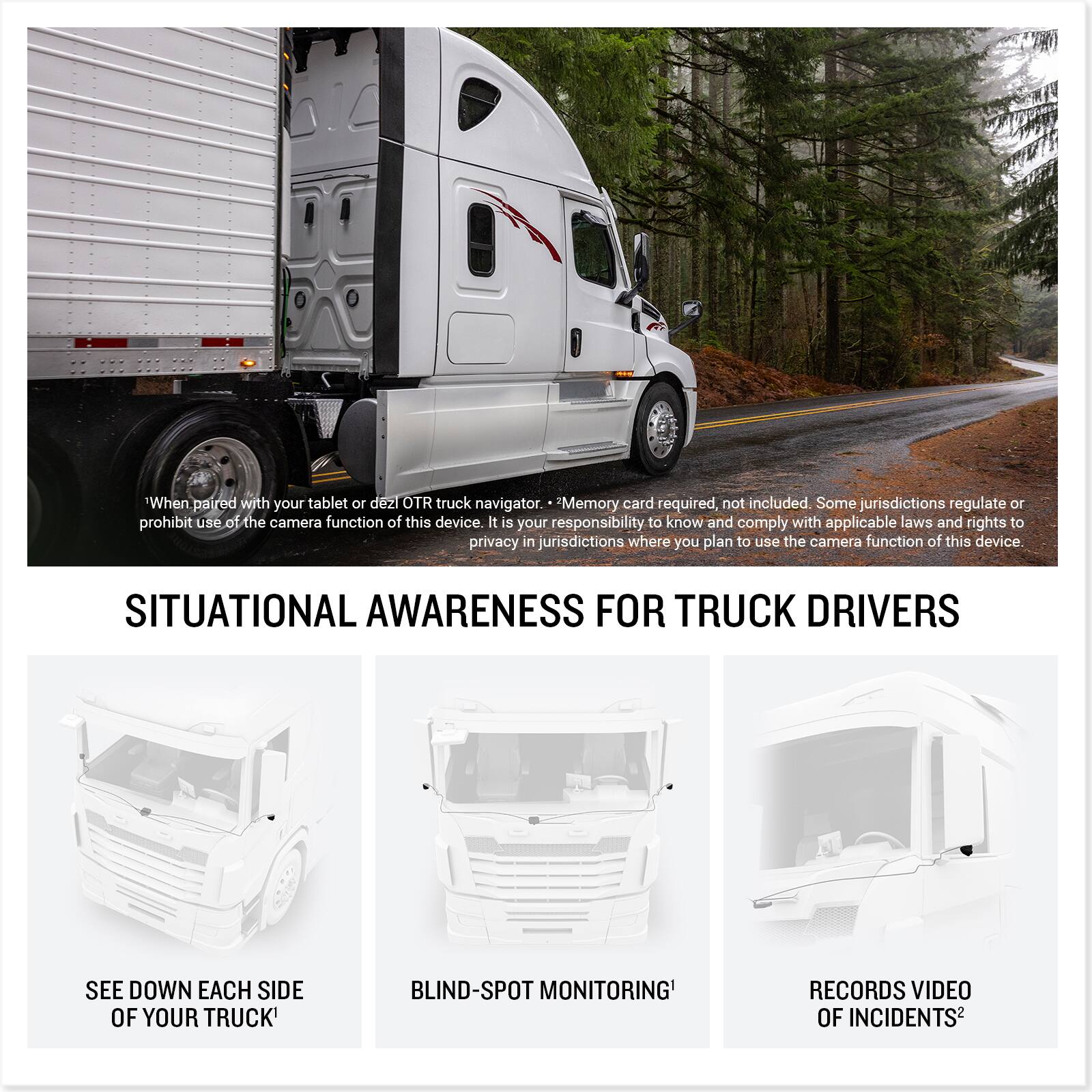 "When paired with your tablet or dezí OTR truck navigator. Memory card required, not included. Some jurisdictions regulate or prohibit use of the camera function of this device. It is your responsibility to know and comply with applicable laws and rights to privacy in jurisdictions where you plan to use the camera function of this device.

SITUATIONAL AWARENESS FOR TRUCK DRIVERS

SEE DOWN EACH SIDE OF YOUR TRUCK
BLIND-SPOT MONITORING
RECORDS VIDEO OF INCIDENTS"