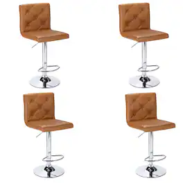 Vecelo - Set of 4 Bar Stools - PU Leather Adjustable Bar Stools with Back,360 Degree Swivel Stools - Brown