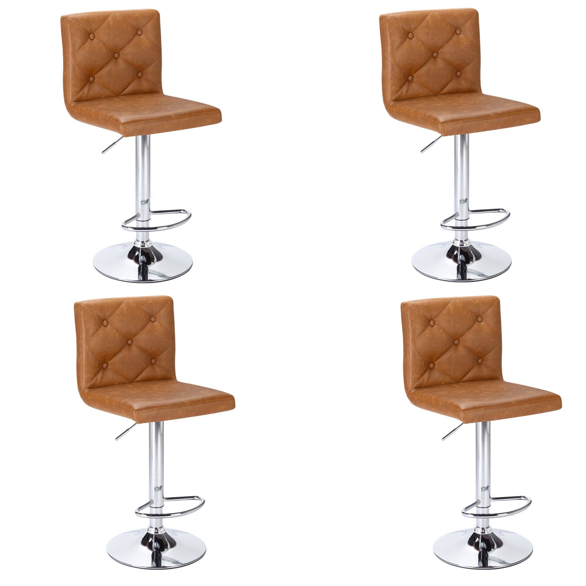 Front. Vecelo - Set of 4 Bar Stools - PU Leather Adjustable Bar Stools with Back,360 Degree Swivel Stools - Brown.