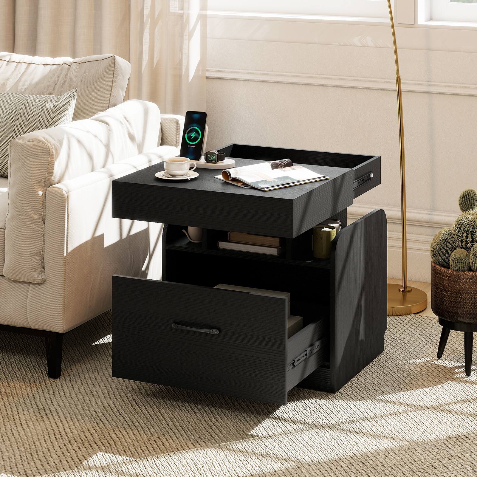 Alt View 8. Gymax - Gymax Nightst& w/ Charging Station Drawer & Sliding Top Storage Tray Open Shelves Black - Black.