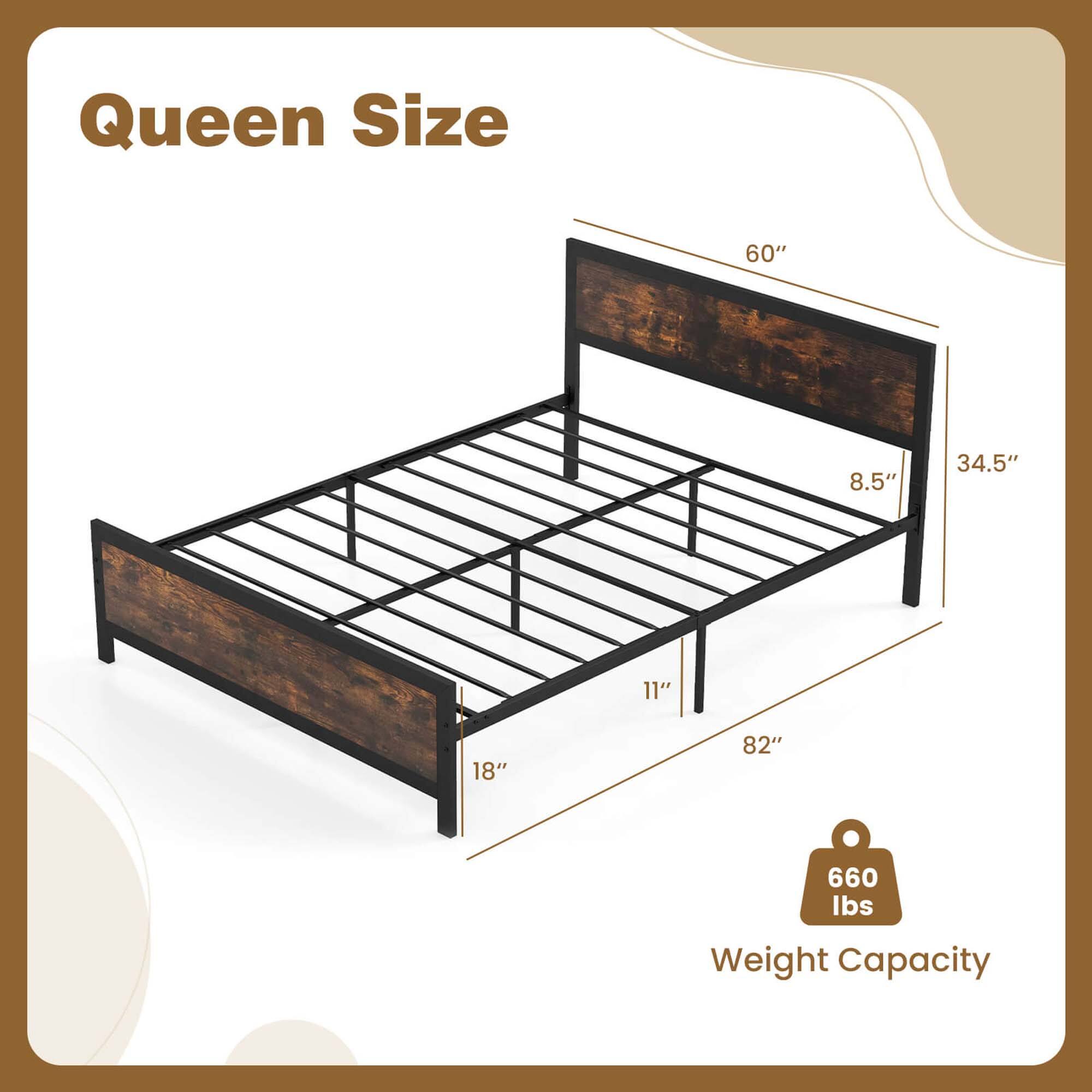 Queen Size 60" 8.5" 34.5" 11" 18" 82" 660 lbs Weight Capacity