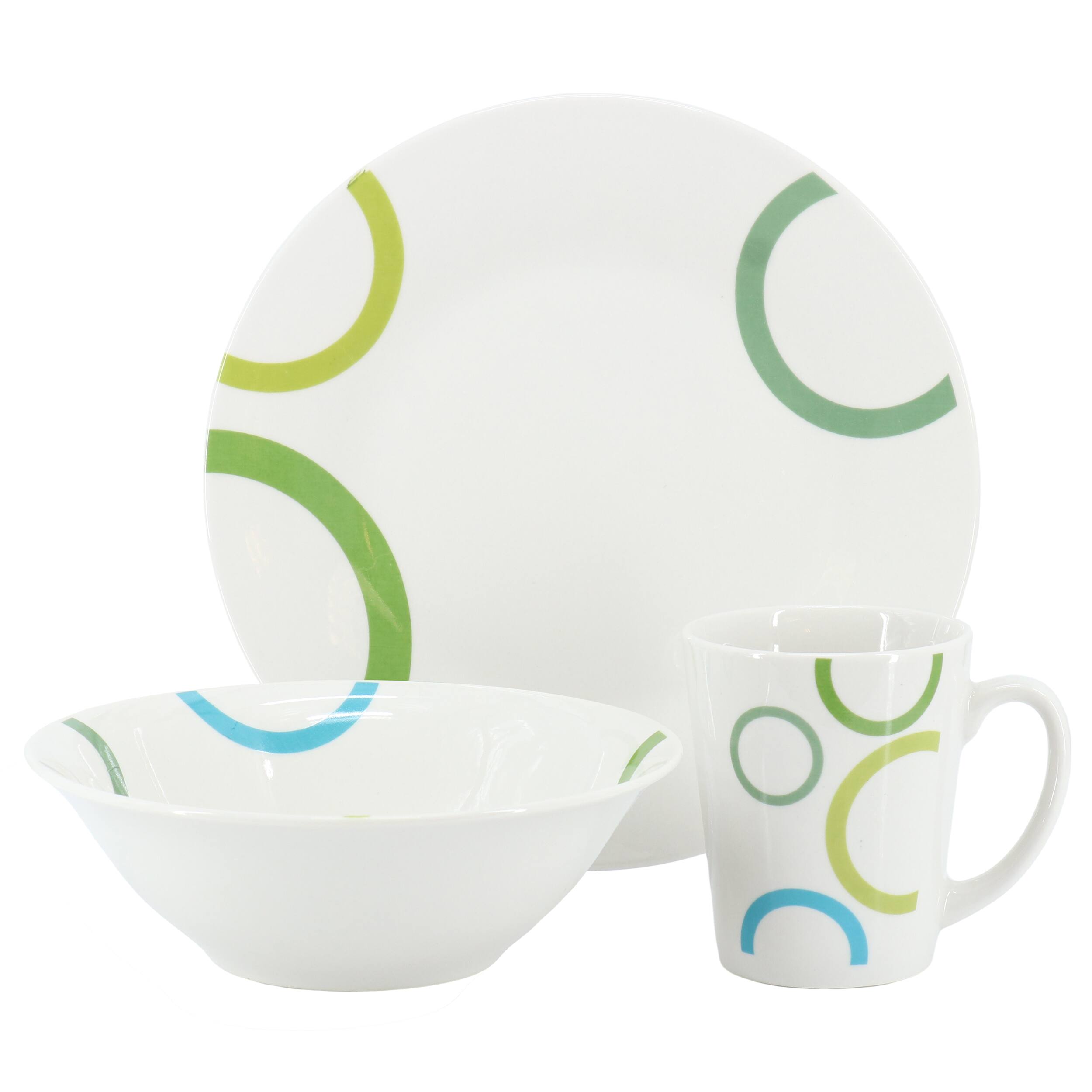 Alt View 1. Gibson - Gibson Home Green Loops 12 Piece Round Fine Ceramic Dinnerware Set in White - White.