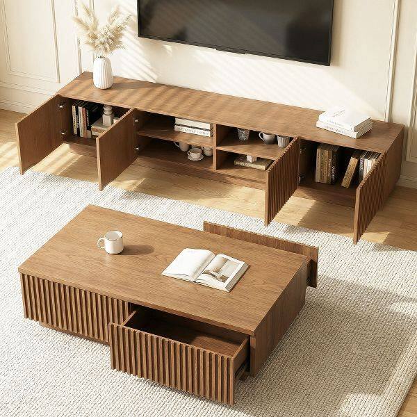 Alt View 8. luck idea - Modern Fluted TV Stand & Lift Top Coffee Table Set, 86.6" Entertainment Center with Storage & 51.1" Coffee Table with Hi - brown.
