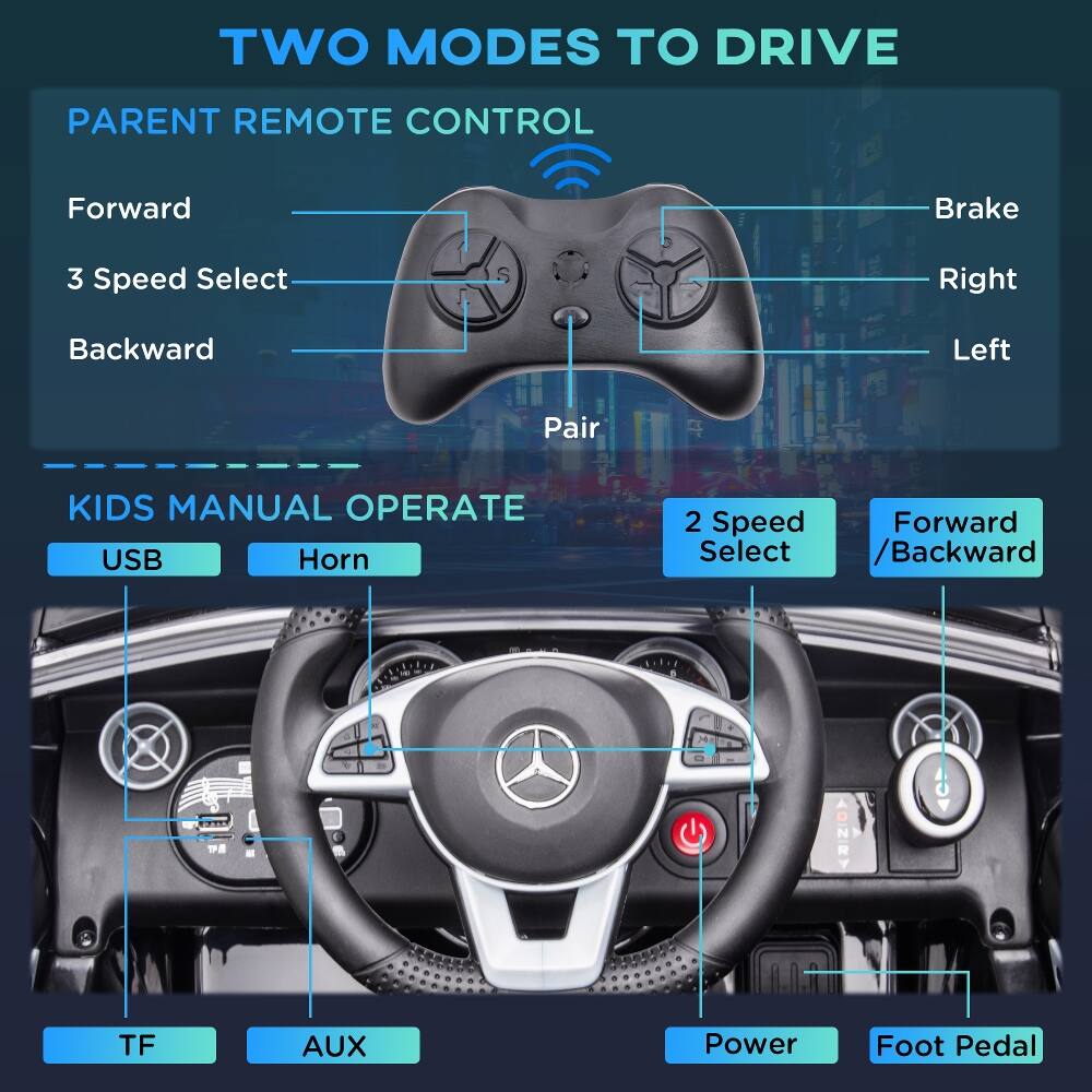 TWO MODES TO DRIVE

PARENT REMOTE CONTROL
- Forward
- 3 Speed Select
- Backward
- Brake
- Right
- Left
- Pair

KIDS MANUAL OPERATE
- 2 Speed Forward / Backward
- USB
- Horn
- TF
- AUX
- Power
- Foot Pedal