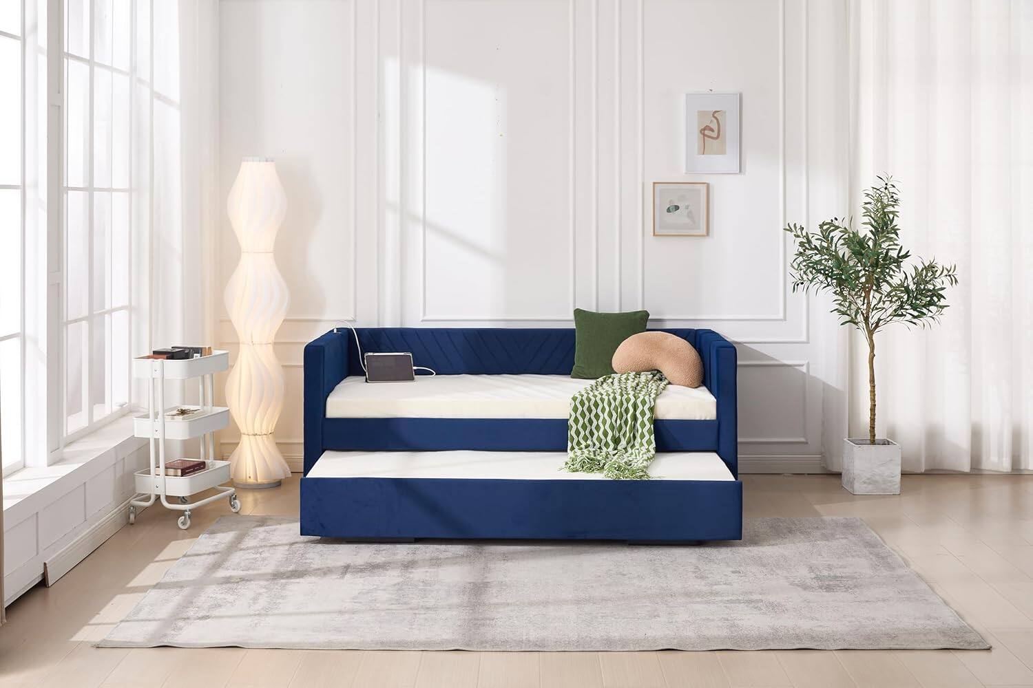 Alt View 6. Trinkets Crazed - Twin Daybed with Pop Up Trundle, Velvet Upholstered Extendable Daybed with USB Ports & Pockets - blue.