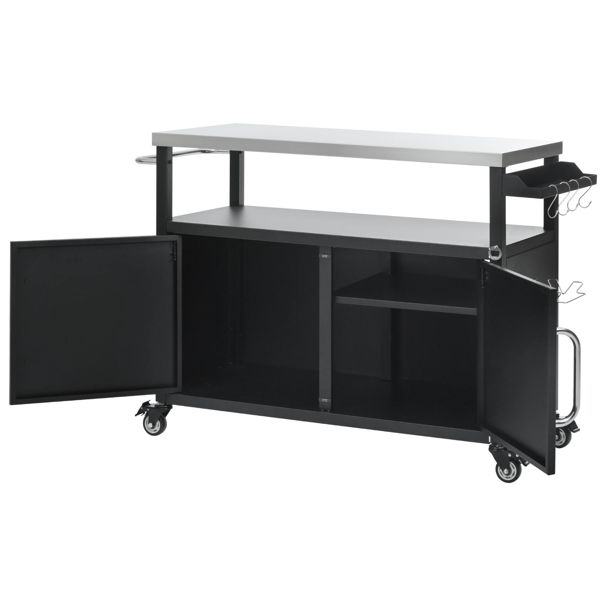 Angle. PexFix - 54.5" Outdoor Kitchen Island with Stainless Top, Storage Cabinet & Spice Rack, Metal BBQ Grill Cart with Wheel for Patio - Black.