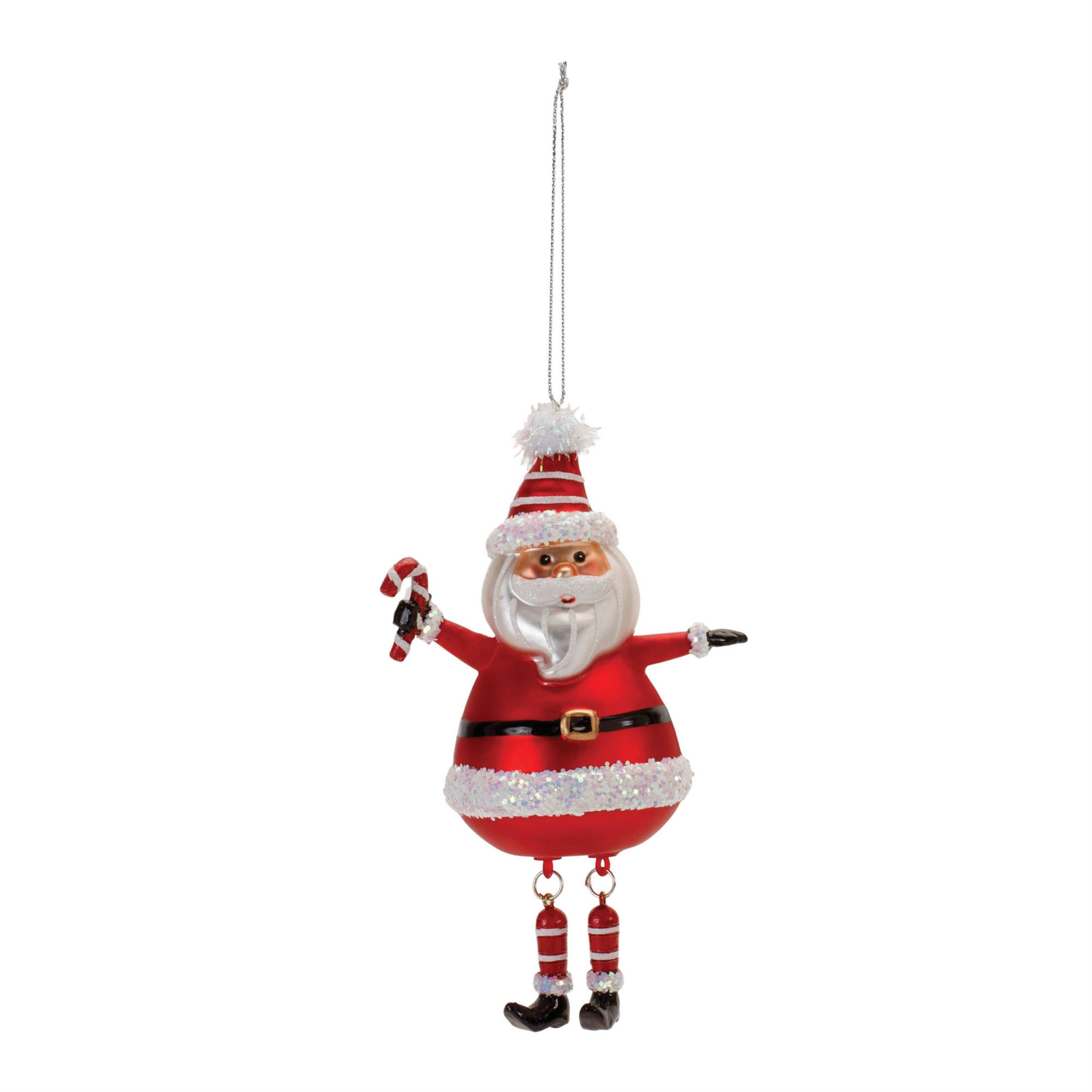 Angle. BreeBe - Glittered Glass Santa Ornament with Dangle Legs (Set of 6) - Red, White.