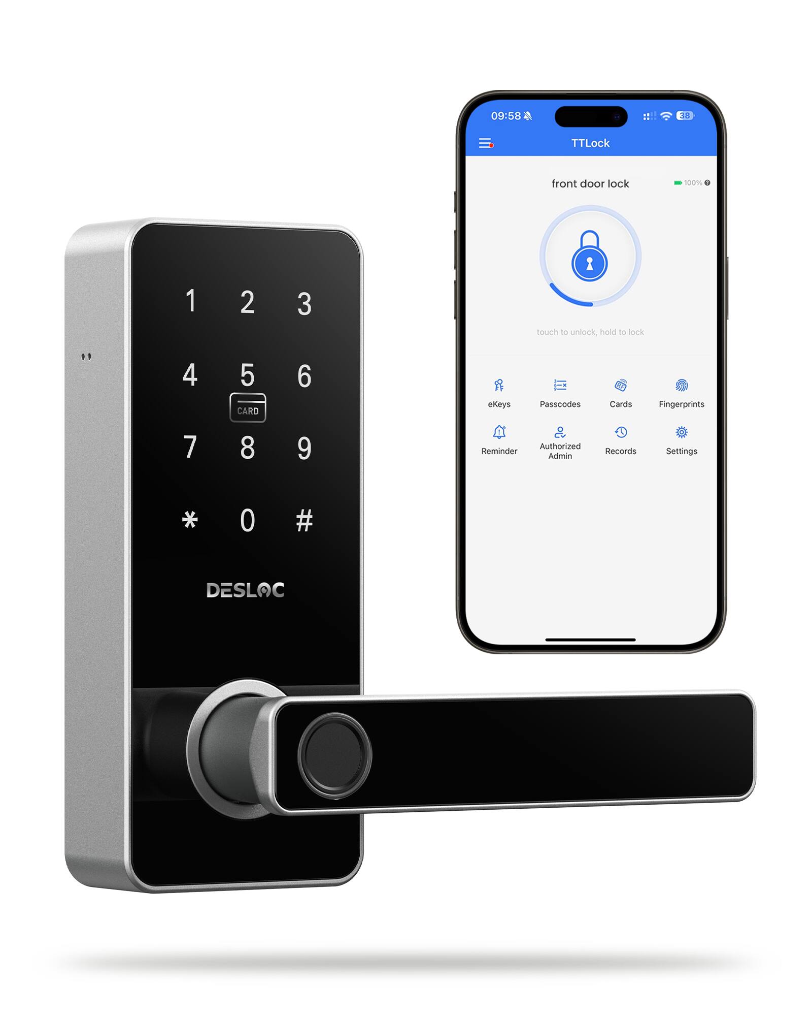09:58 18 TTLock front door lock 100% 1 2 3 1 touch 10 unlock, hold to lock " 4 5 CARD 6 eKeys li Passcodes Cards Fingerprints 7 8 9 Authorized Reminder Admin Records Settings * 0 # DESLOC