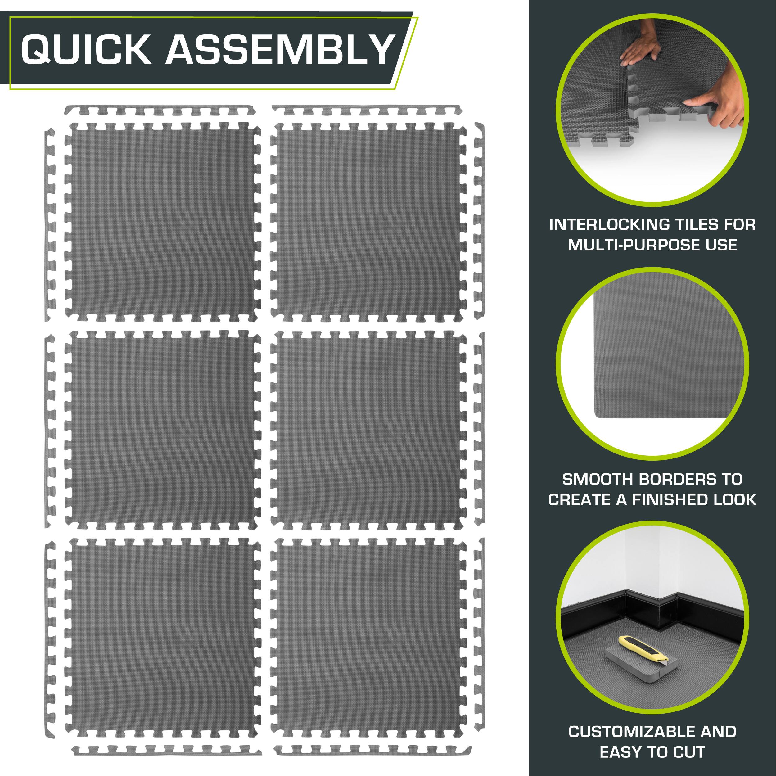 Quick Assembly Interlocking Tiles for Multi-Purpose Use. Smooth Borders to Create a Finished Look. Customizable and Easy to Cut.