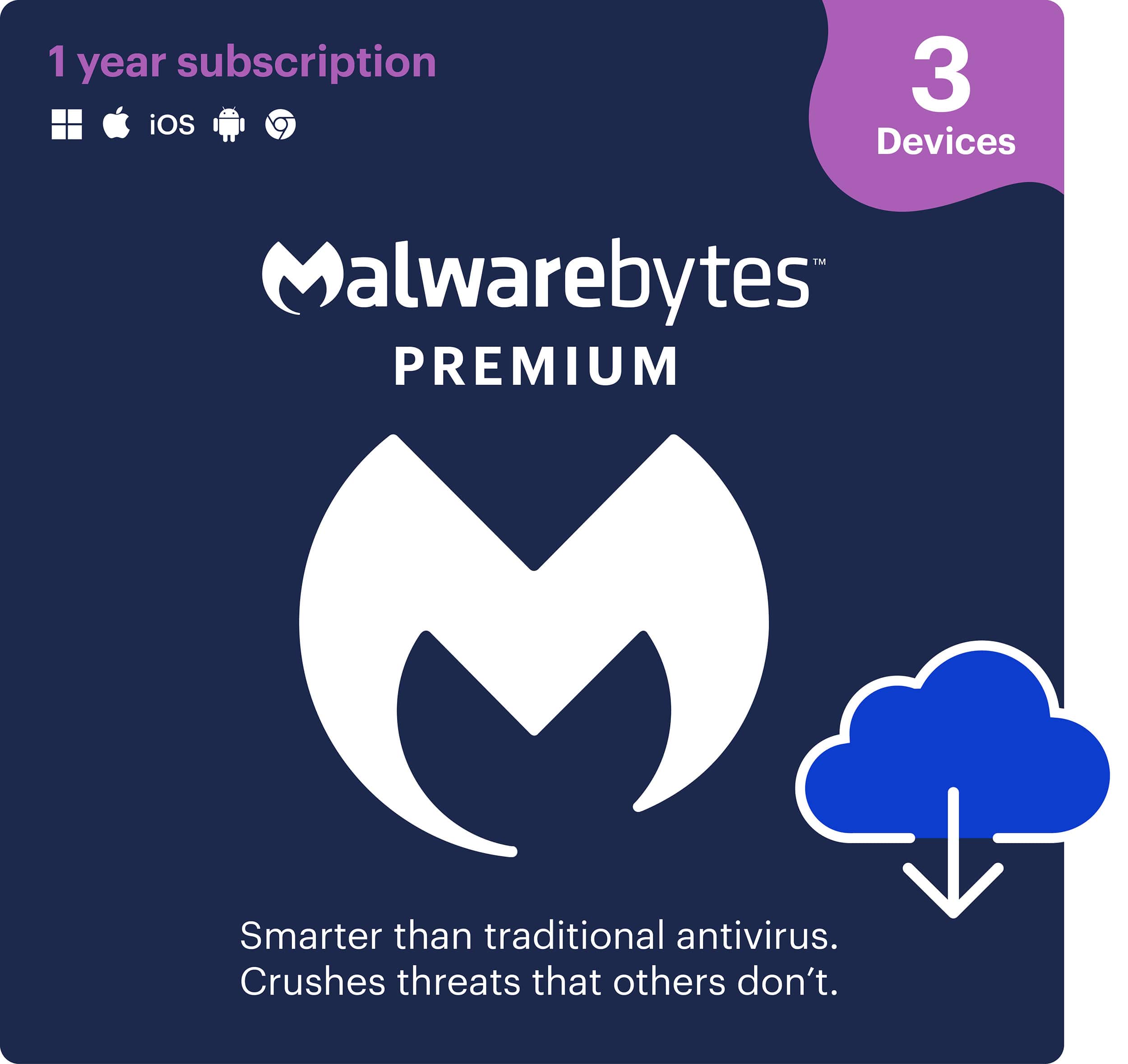 1 year subscription for iOS 3 devices of Malwarebytes Premium. Smarter than traditional antivirus, crushes threats that others don't.