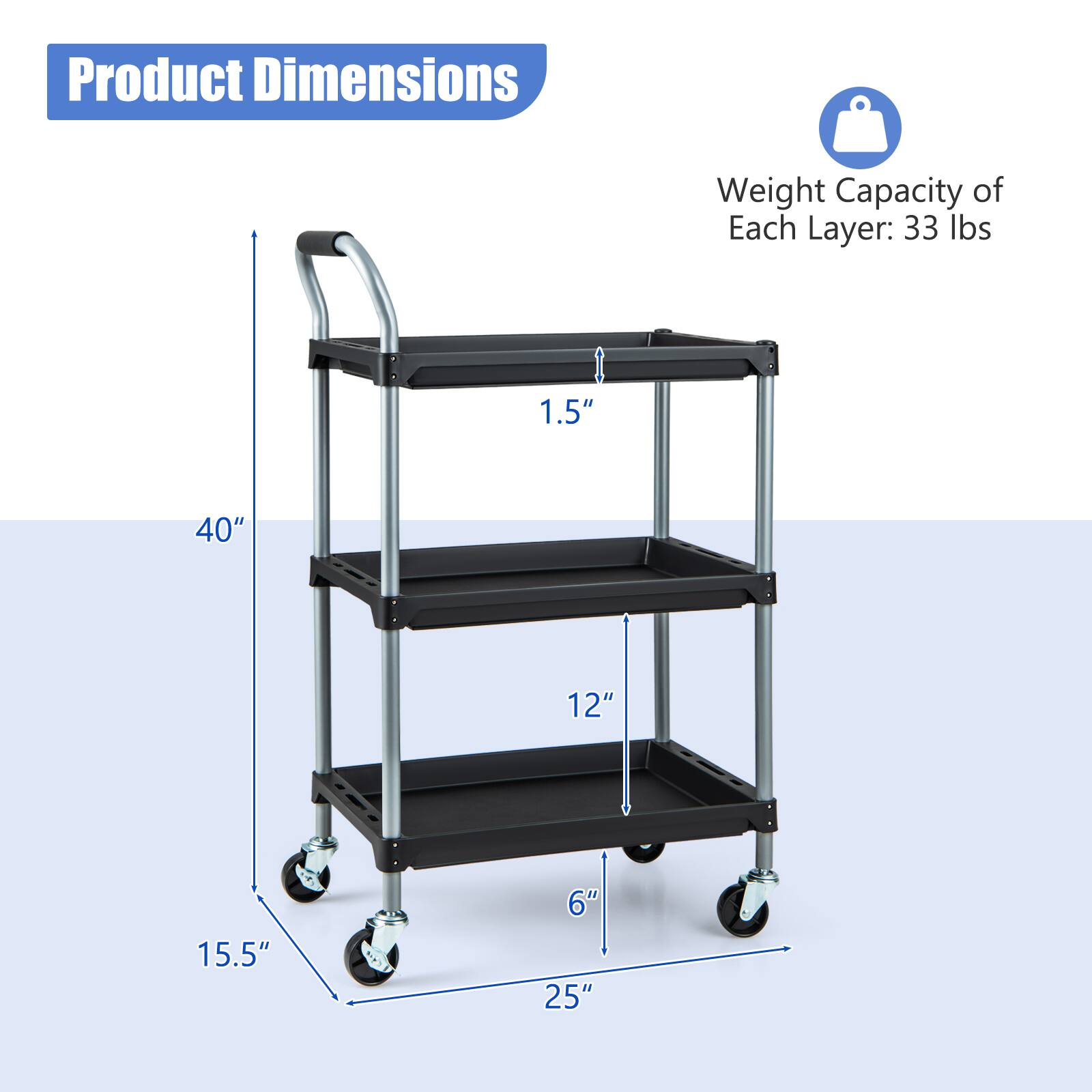 Product Dimensions: 1.5" 40" 12" 15.5" 6" 25"

Weight Capacity of Each Layer: 33 lbs