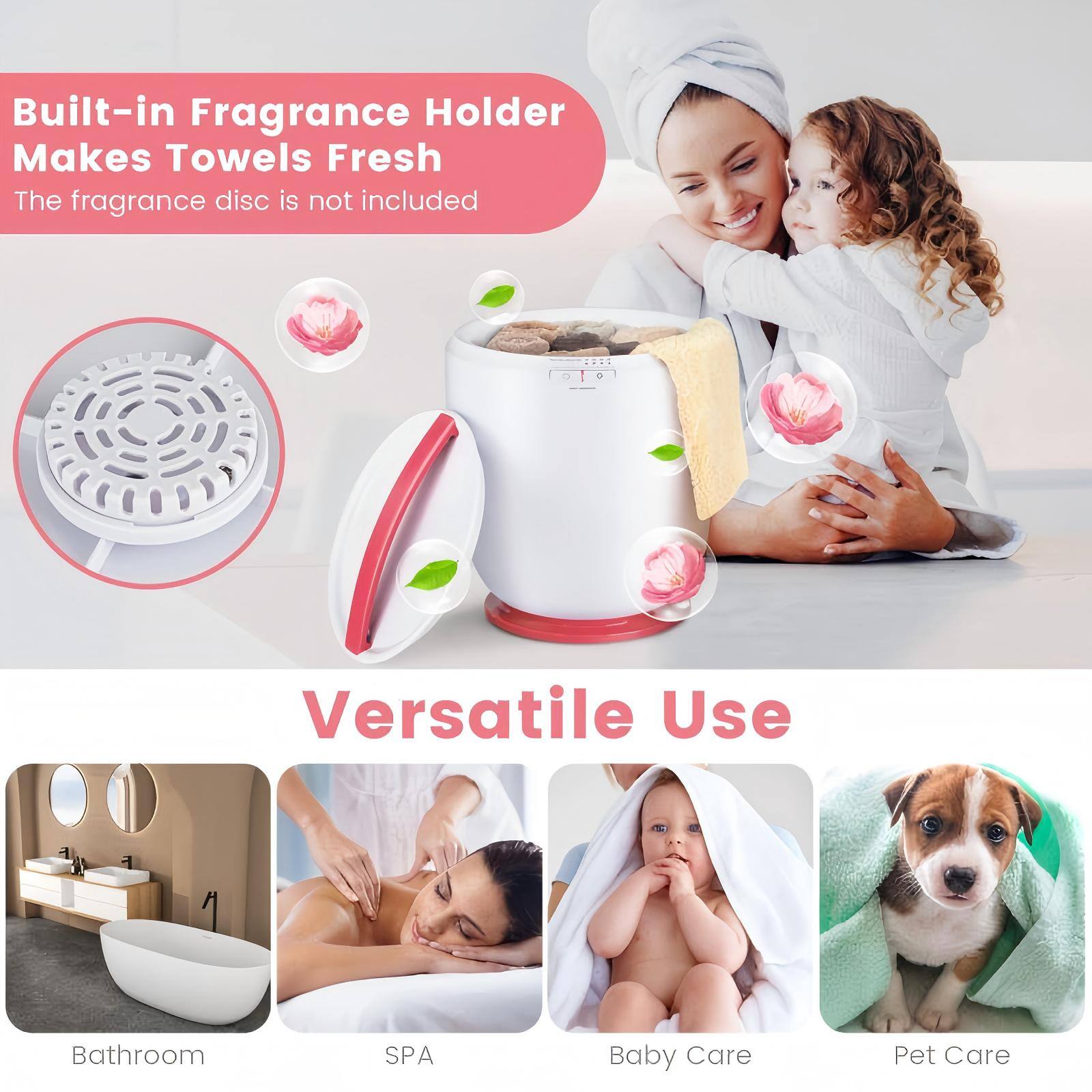 Built-in Fragrance Holder Makes Towels Fresh
The fragrance disc is not included

Versatile Use
Bathroom
SPA
Baby Care
Pet Care
