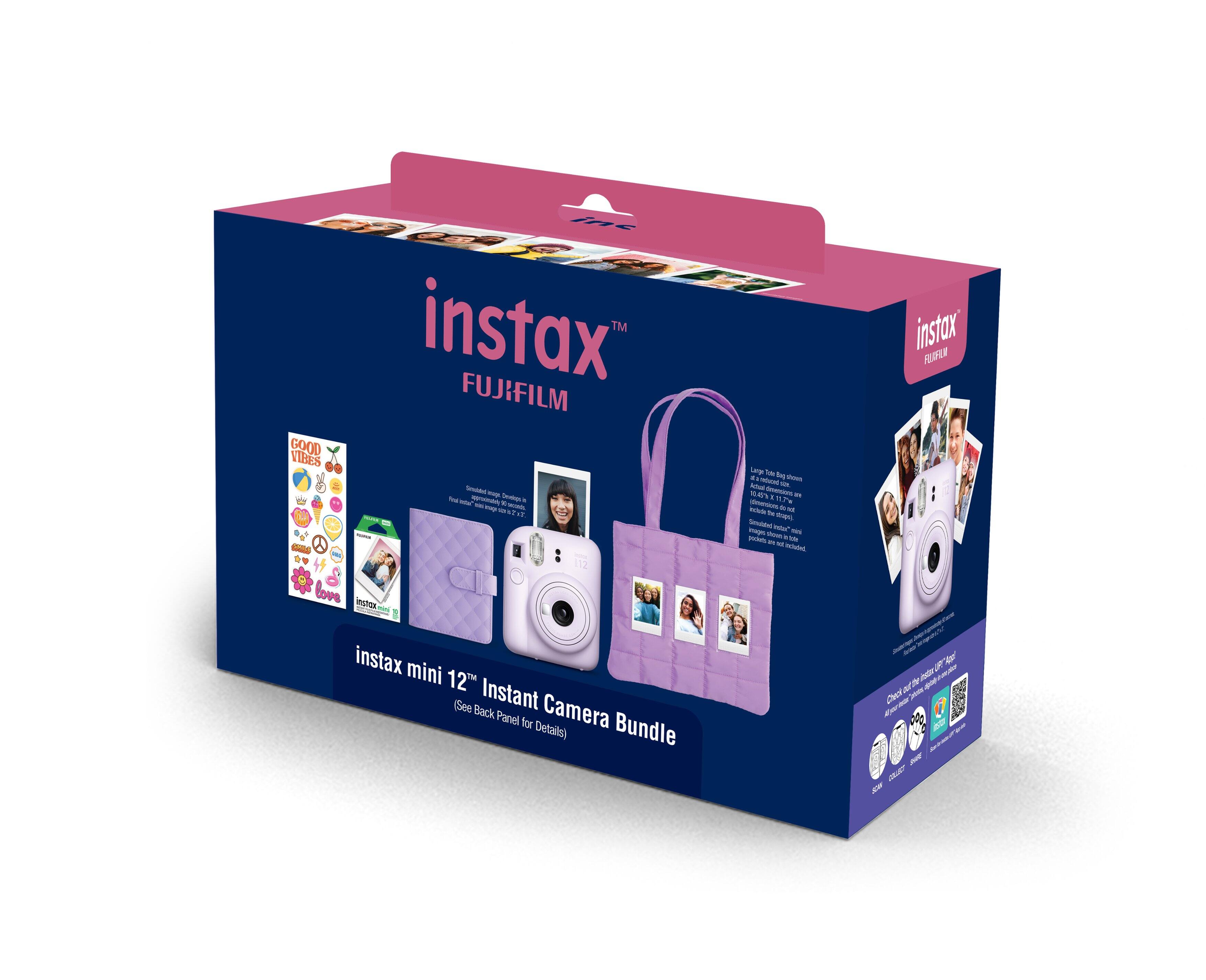 instax™  
FUJIFILM  

instax mini 12™ Instant Camera Bundle  
(See Back Panel for Details)  

GOOD VIBES  
Simulated images shown in pockets are not included.  

Large Tote Bag shown at a reduced size. Actual dimensions: 10.2" x 11.7" (25.9 x 29.7 cm). Includes the straps.  

Simulated instax mini images shown are not included.  

Check out all the instax mini 12™ features!  
(See Back Panel for Details)  

instax mini 12™  
FUJIFILM  

instax mini 12™  
FUJIFILM  

instax mini 12™  
FUJIFILM  

instax mini 12™  
FUJIFILM  

instax mini 12™  
FUJIFILM  

instax mini 12™  
FUJIFILM  

instax mini 12™  
FUJIFILM  

instax mini 12™  
FUJIFILM  

instax mini 12™  
FUJIFILM  

instax mini 12™