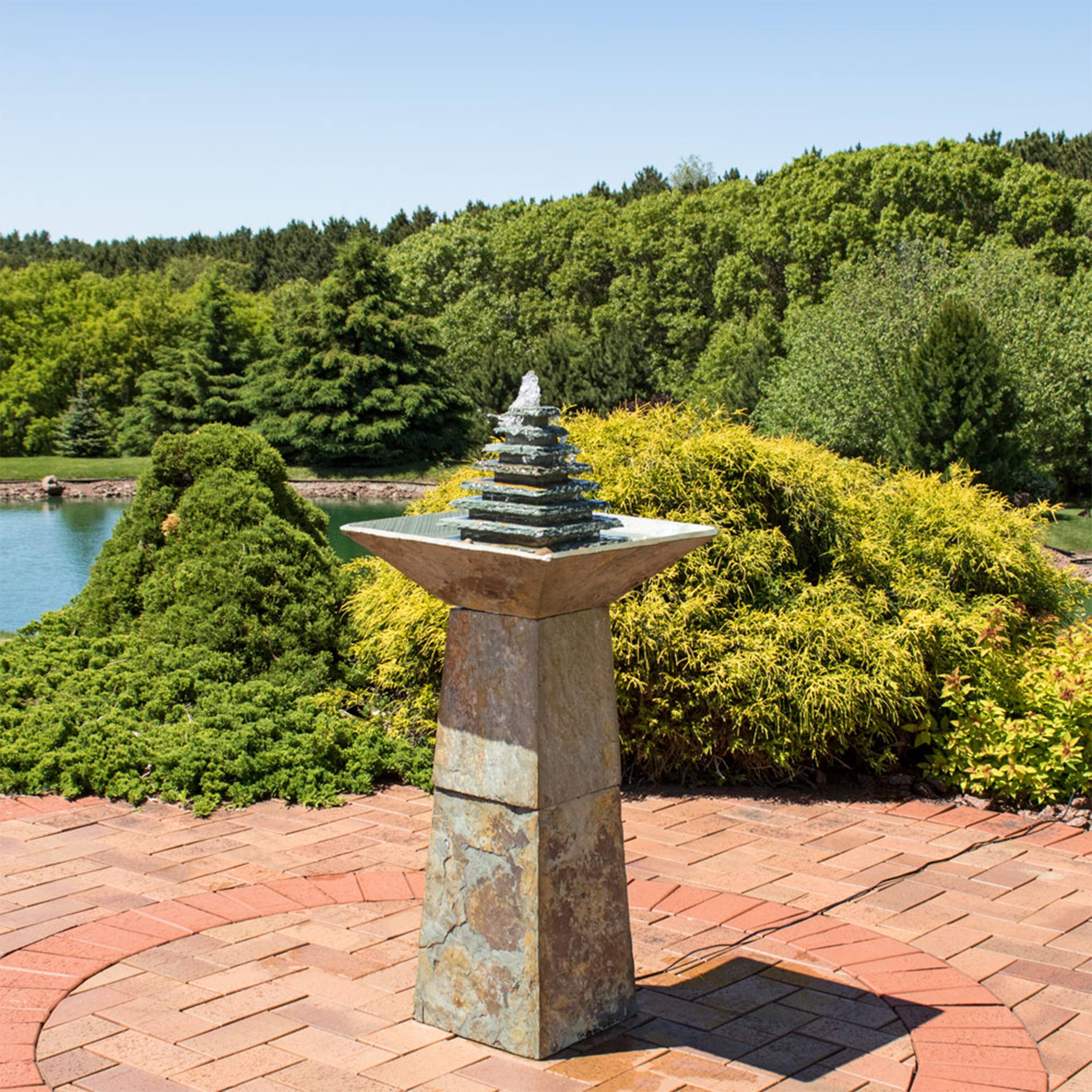 Alt View 7. Sunnydaze - Layered Slate Pyramid Water Fountain with LED Lights - 40 in - Grey.