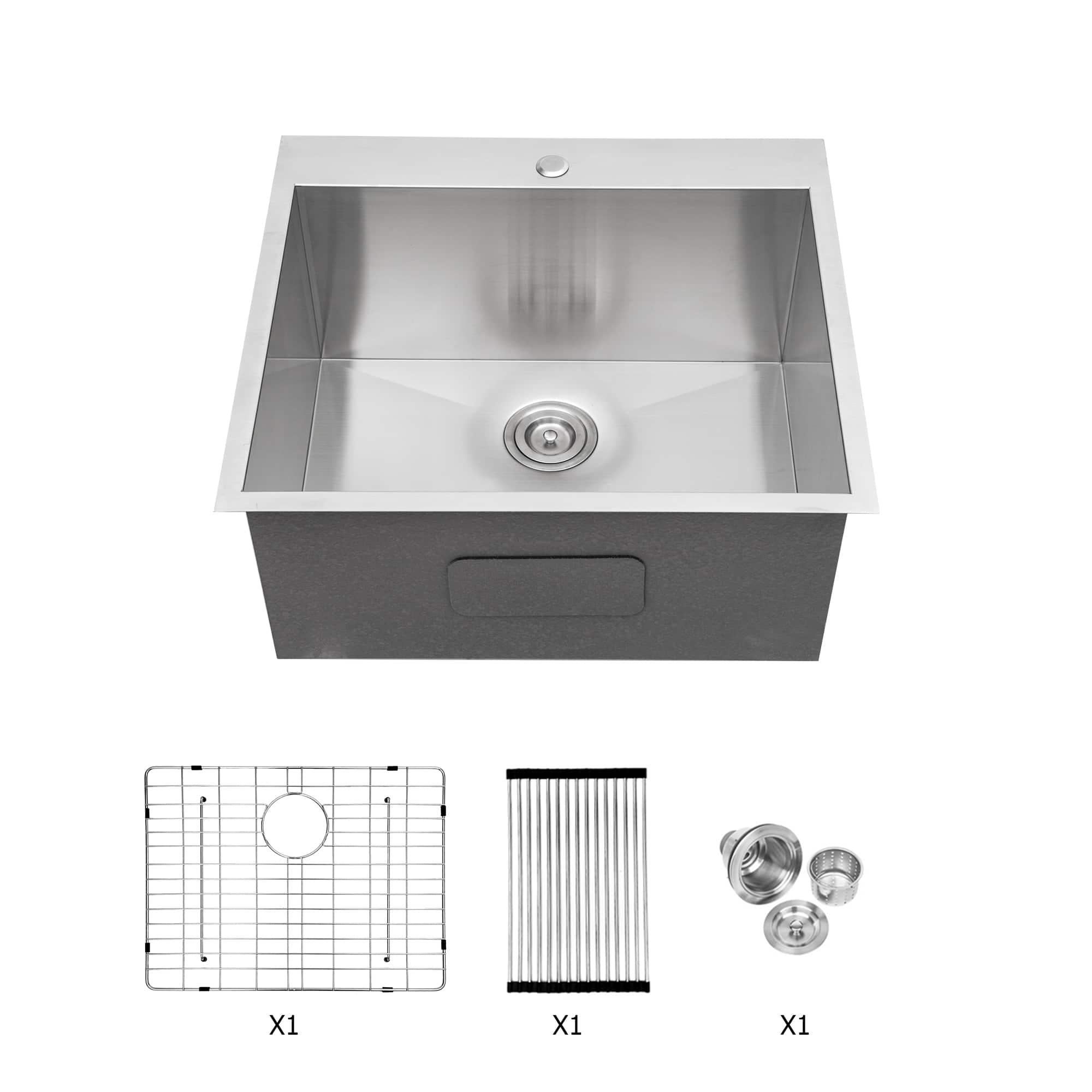 Siljoy - Laundry Sink - 22" x 22" Drop In Topmount 16 Gauge Stainless Steel 12 Inch Deep Single Bowl Above Counter Basin - Brushed Nickel