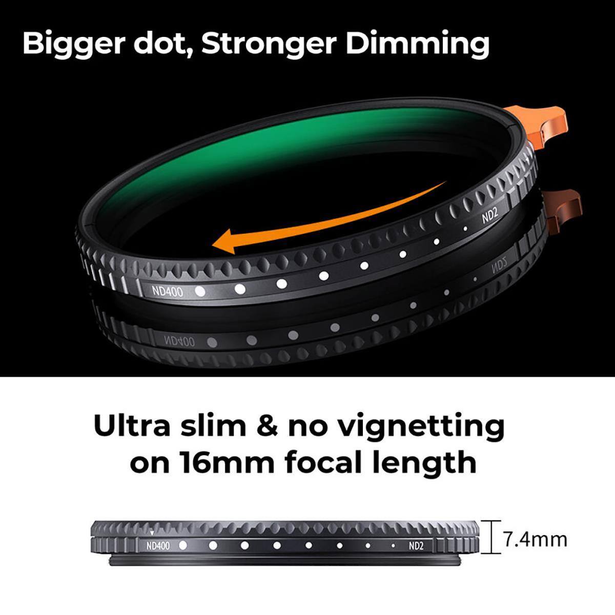 Bigger dot, Stronger Dimming  
ND2 ND400  
Ultra slim & no vignetting on 16mm focal length  
ND400  
7.4mm