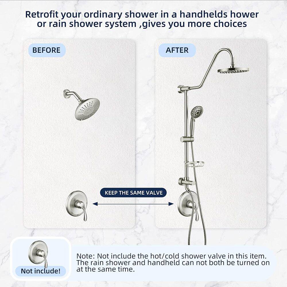 Retrofit your ordinary shower in a handhelds shower or rain shower system, gives you more choices

BEFORE AFTER

KEEP THE SAME VALVE

Note: Not include the hot/cold shower valve in this item. The rain shower and handheld can not both be turned on at the same time.