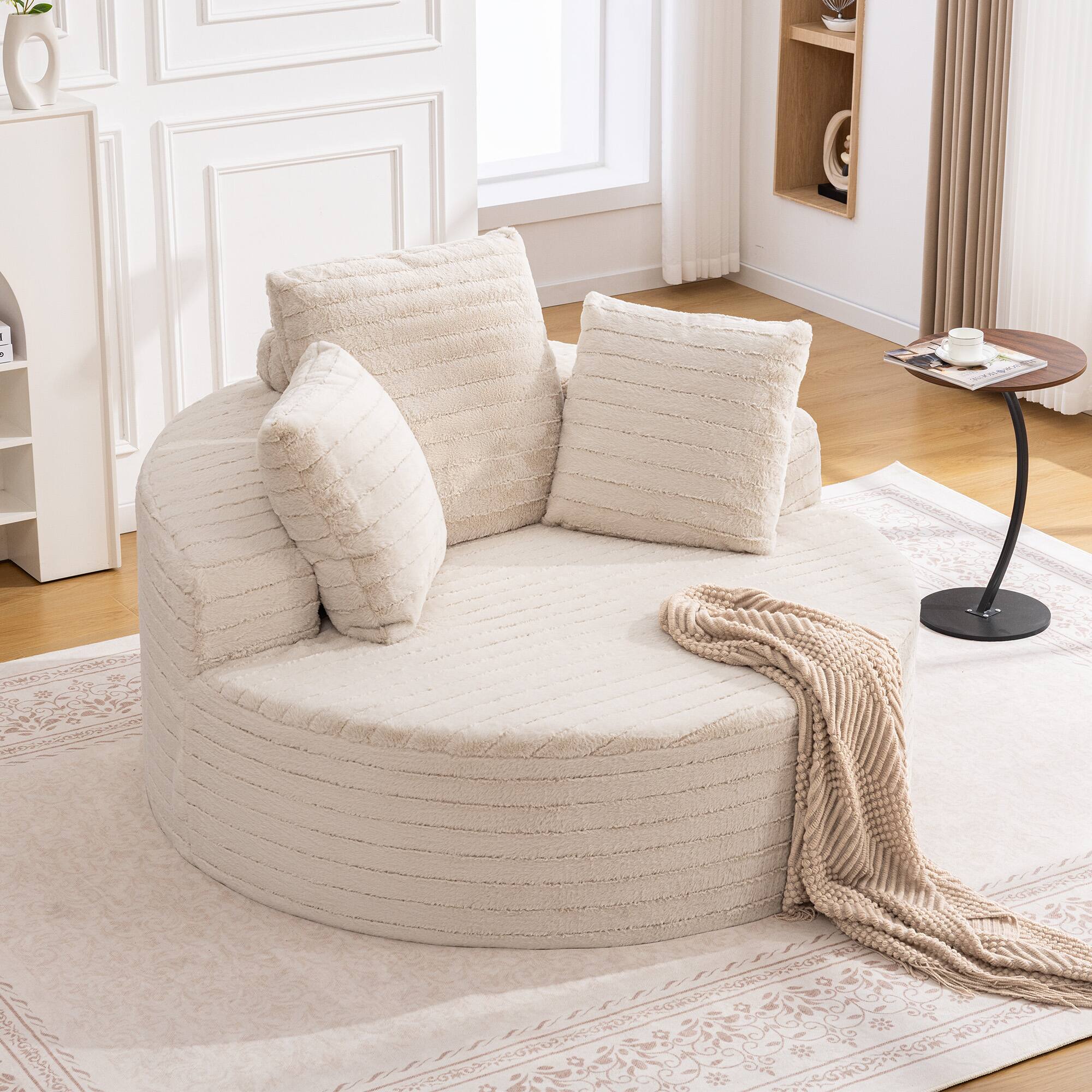 Angle. KERDOM - Oversized Round Sofa, Fluffy 59'' Upholstered Deep Seat Circle Sofa Reading Lounge Chair with Pillows for Living Room - Beige.