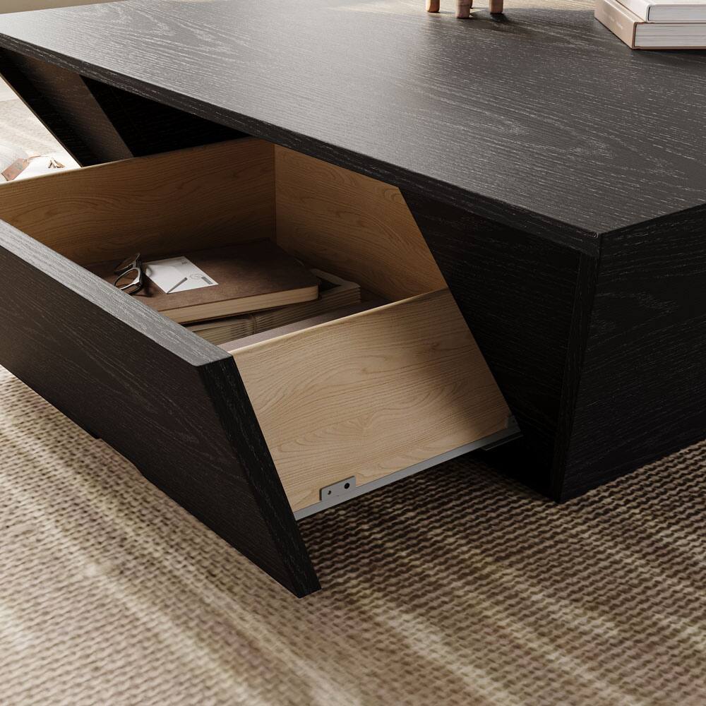 Alt View 1. POVISON - 39" Fully Assembly Square Wood Coffee Table with Storage, Mid-Century Modern Trapezoid Coffee Table with 1 Drawer, Black - Black.