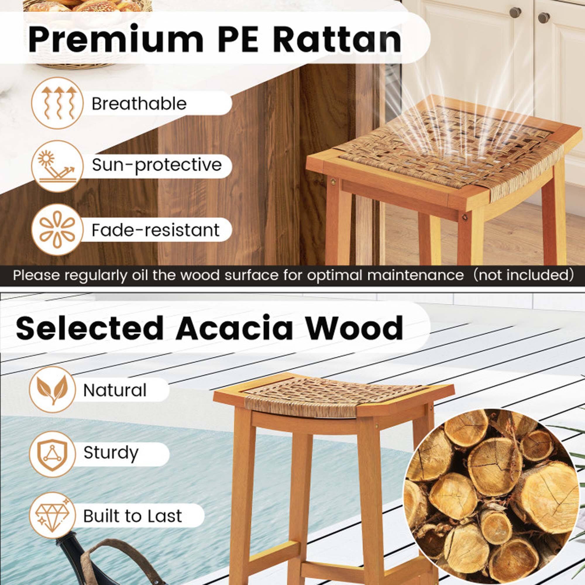 Premium PE Rattan  
- Breathable  
- Sun-protective  
- Fade-resistant  

Selected Acacia Wood  
- Natural  
- Sturdy  
- Built to Last  

Please regularly oil the wood surface for optimal maintenance (not included)
